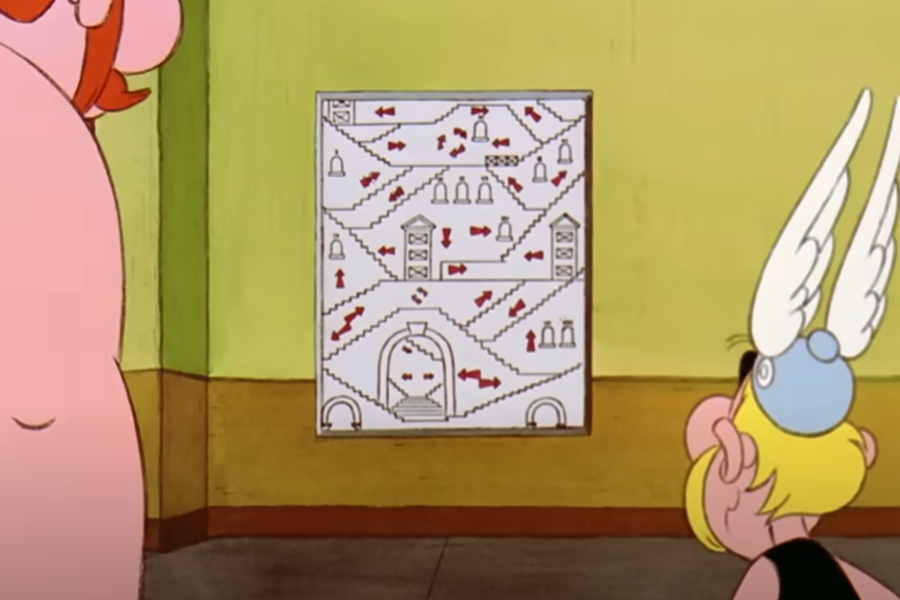 Asterix und Obelix studieren den verwirrenden Lageplan der Zwölf Prüfungen im 'Haus, das Verrückte macht', um den Passierschein A38 zu finden.