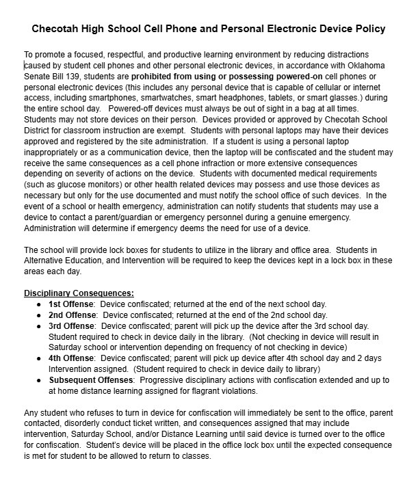 Screenshot of Checotah High School phone policy.