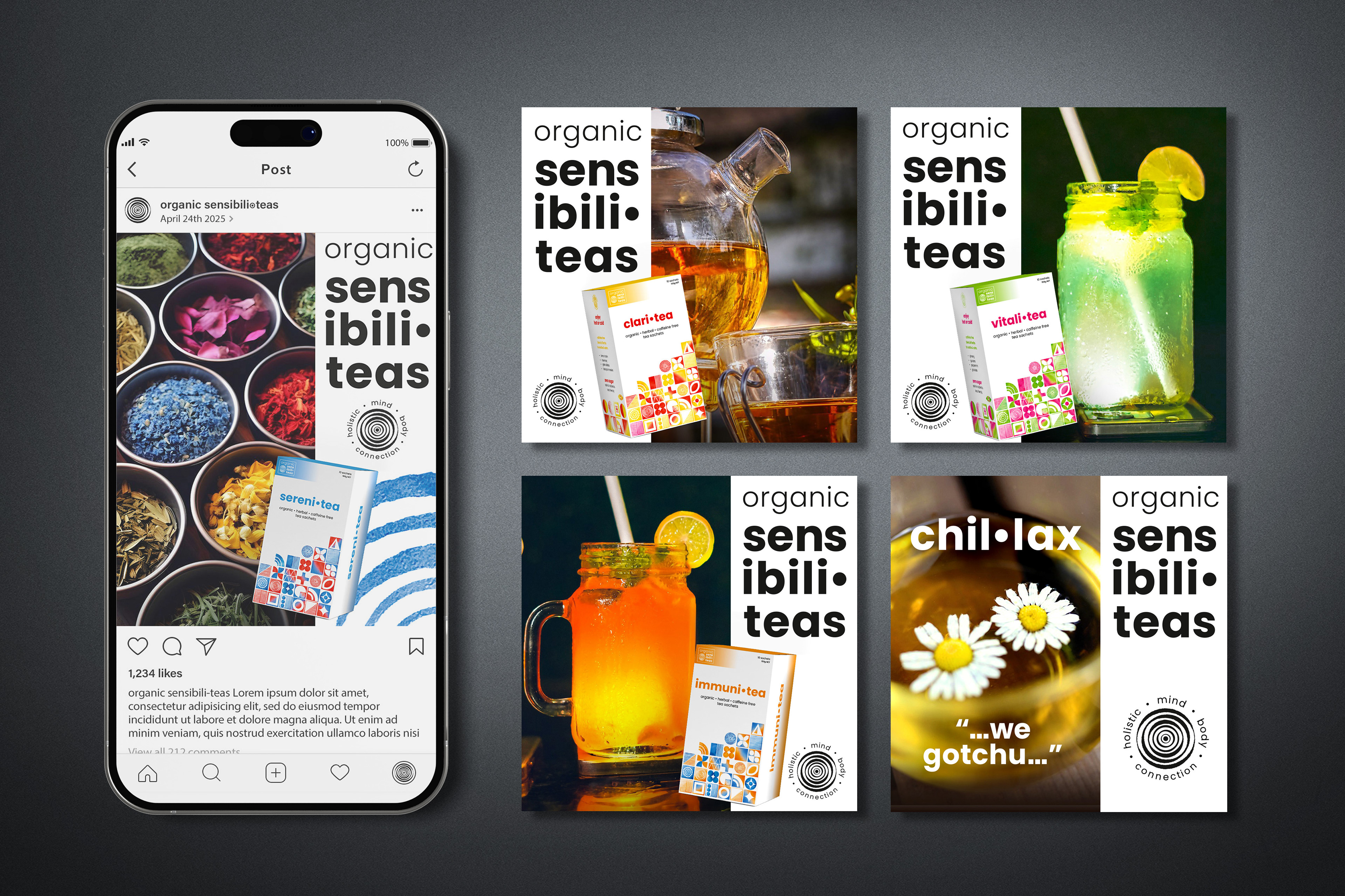 mock up image of social media posts for organic herbal tea brand