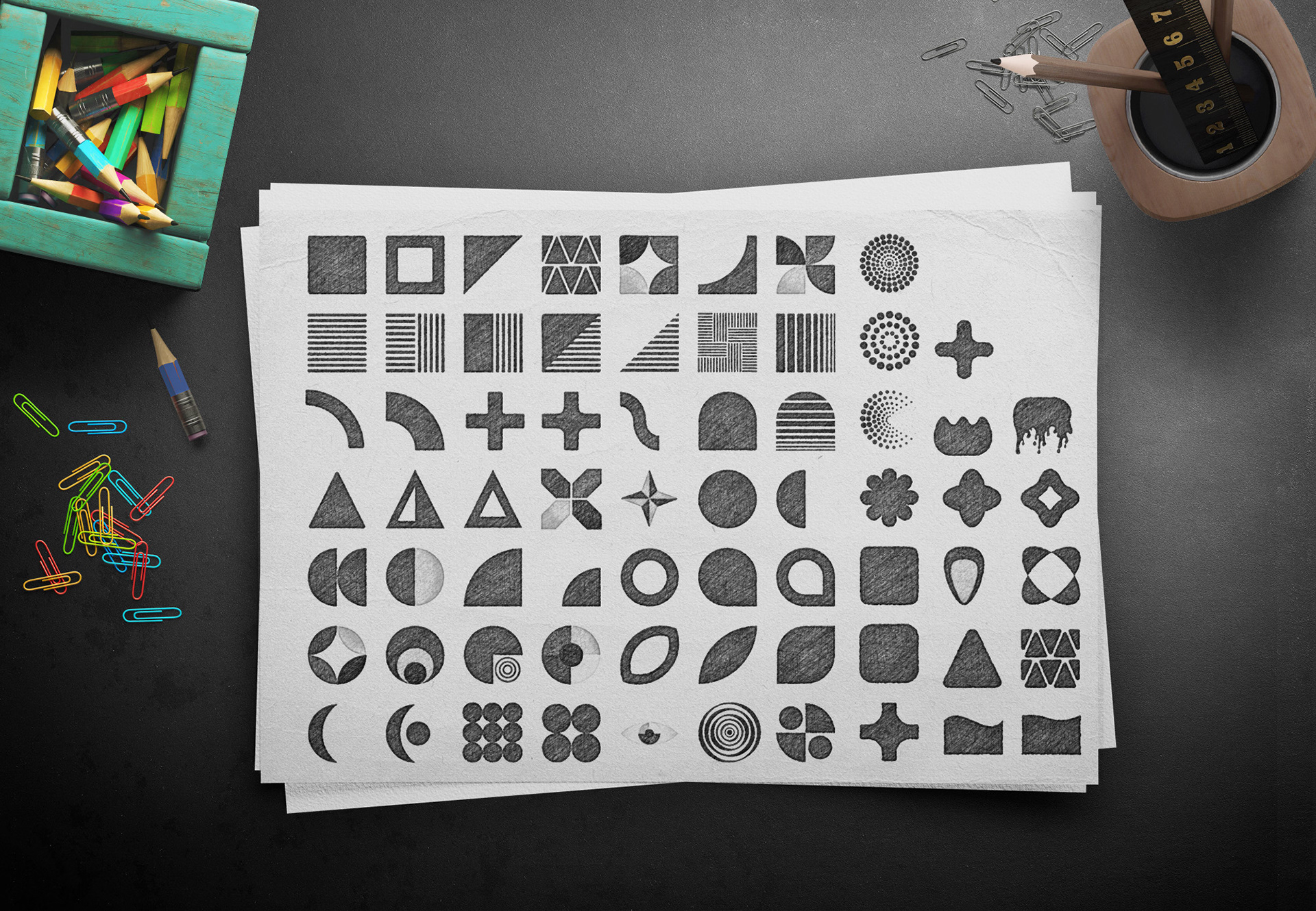 page of thumbnail pencil sketches of geometric shapes