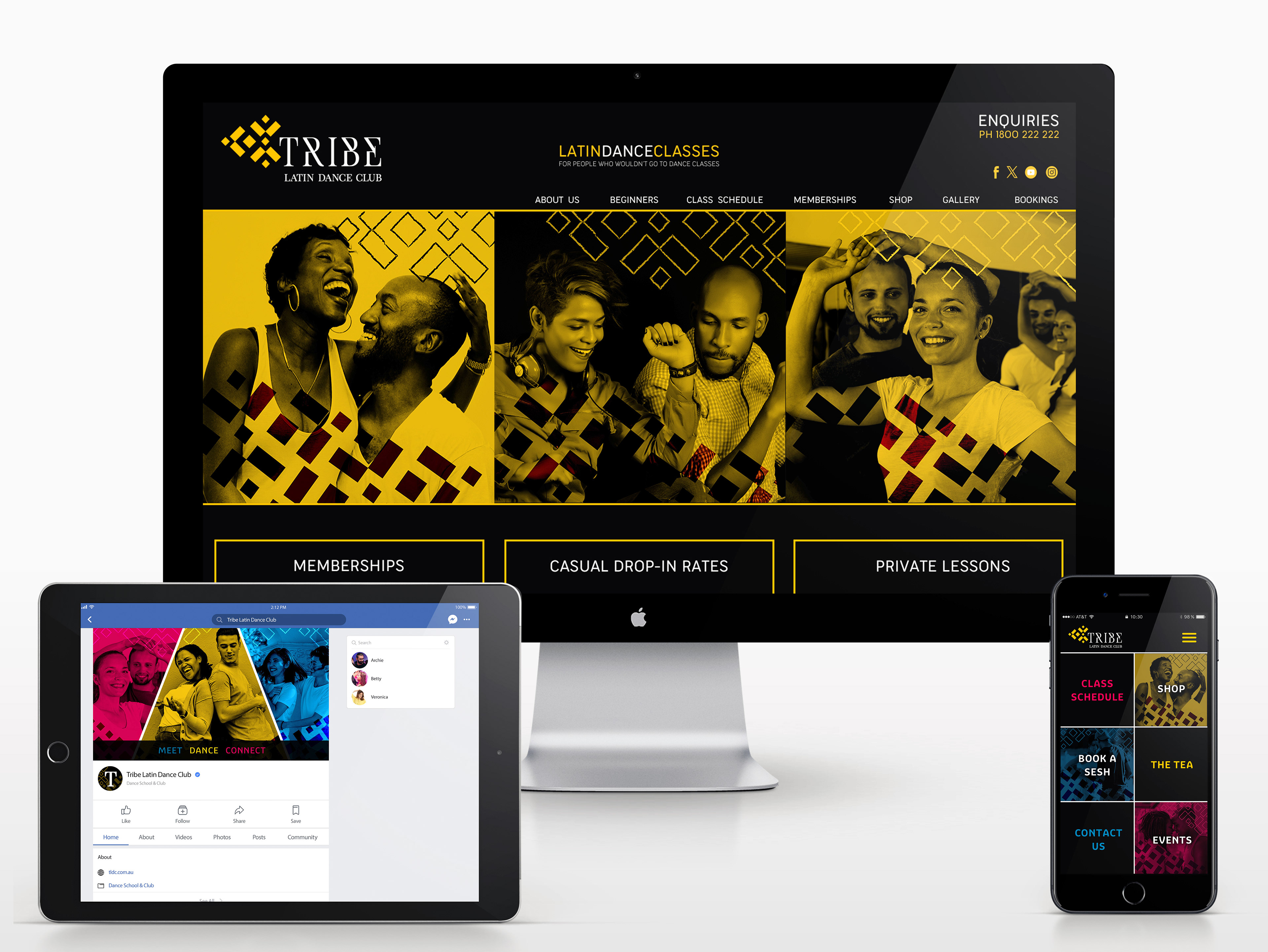 mobile laptop and desktop images with landign pages for website and app and Facebook page