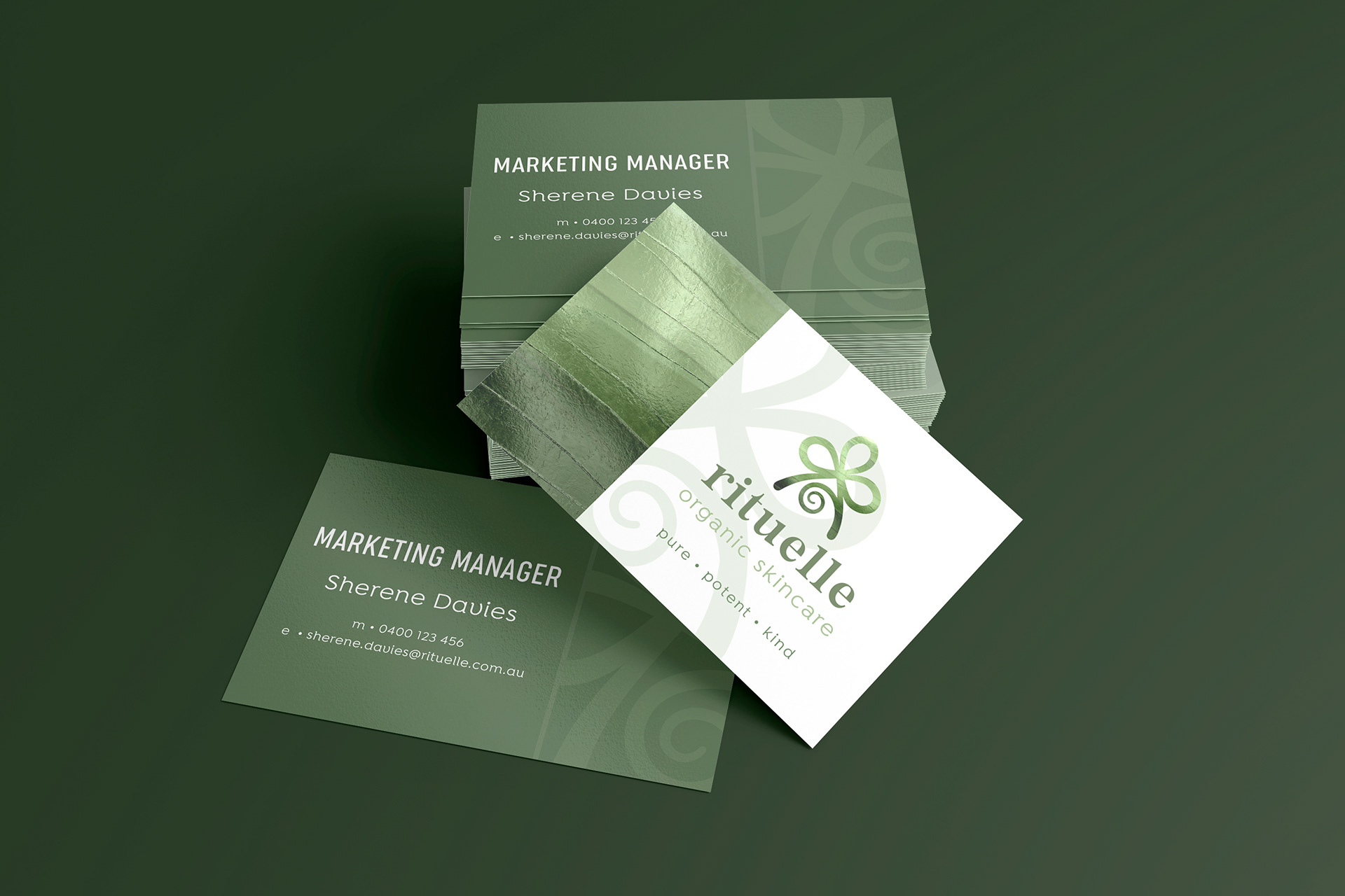 Business card mock up for Rituelle Organic Skincare logo and branding package