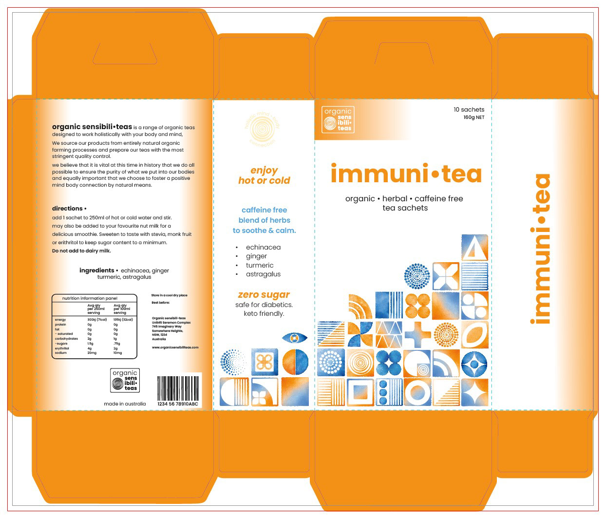 immuni-tea box layout with cut and fold lines