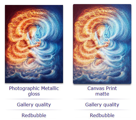Photographic print metallic and canvas print examples, link to Redbubble.