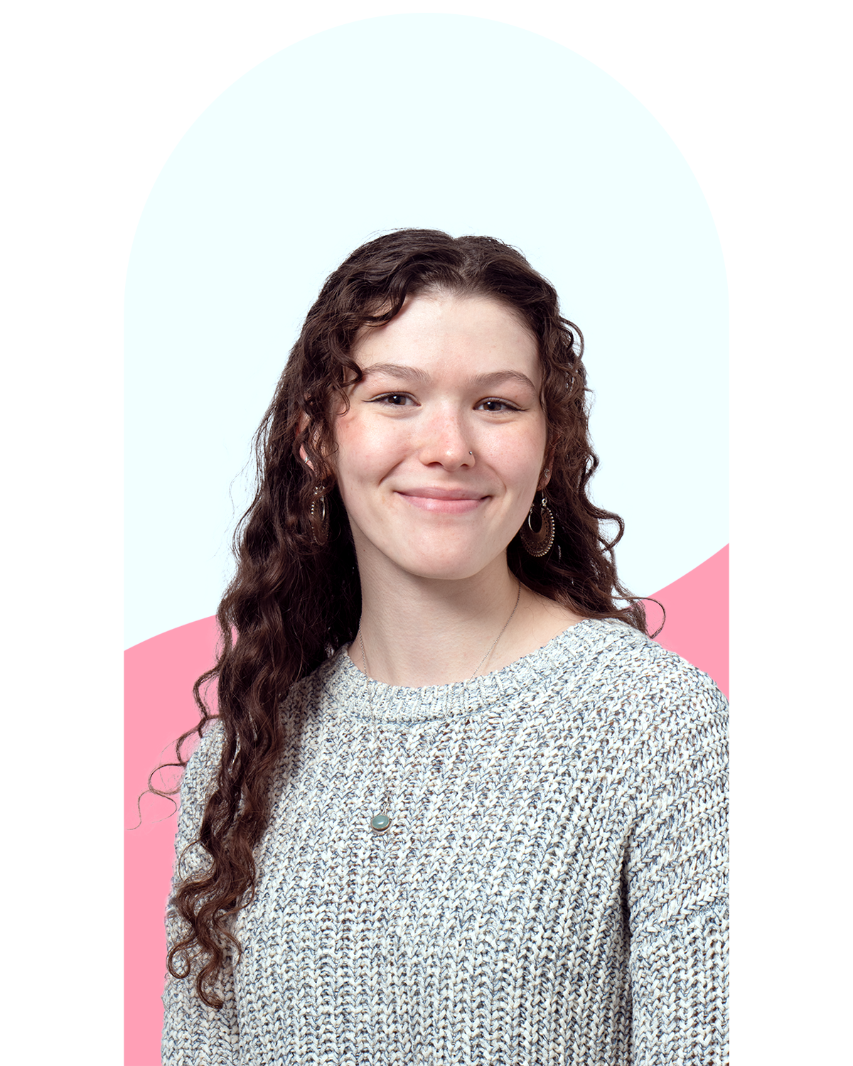 Professional Headshot of Eva Hardy. Designed in an arched frame with a pink wave behind the figure