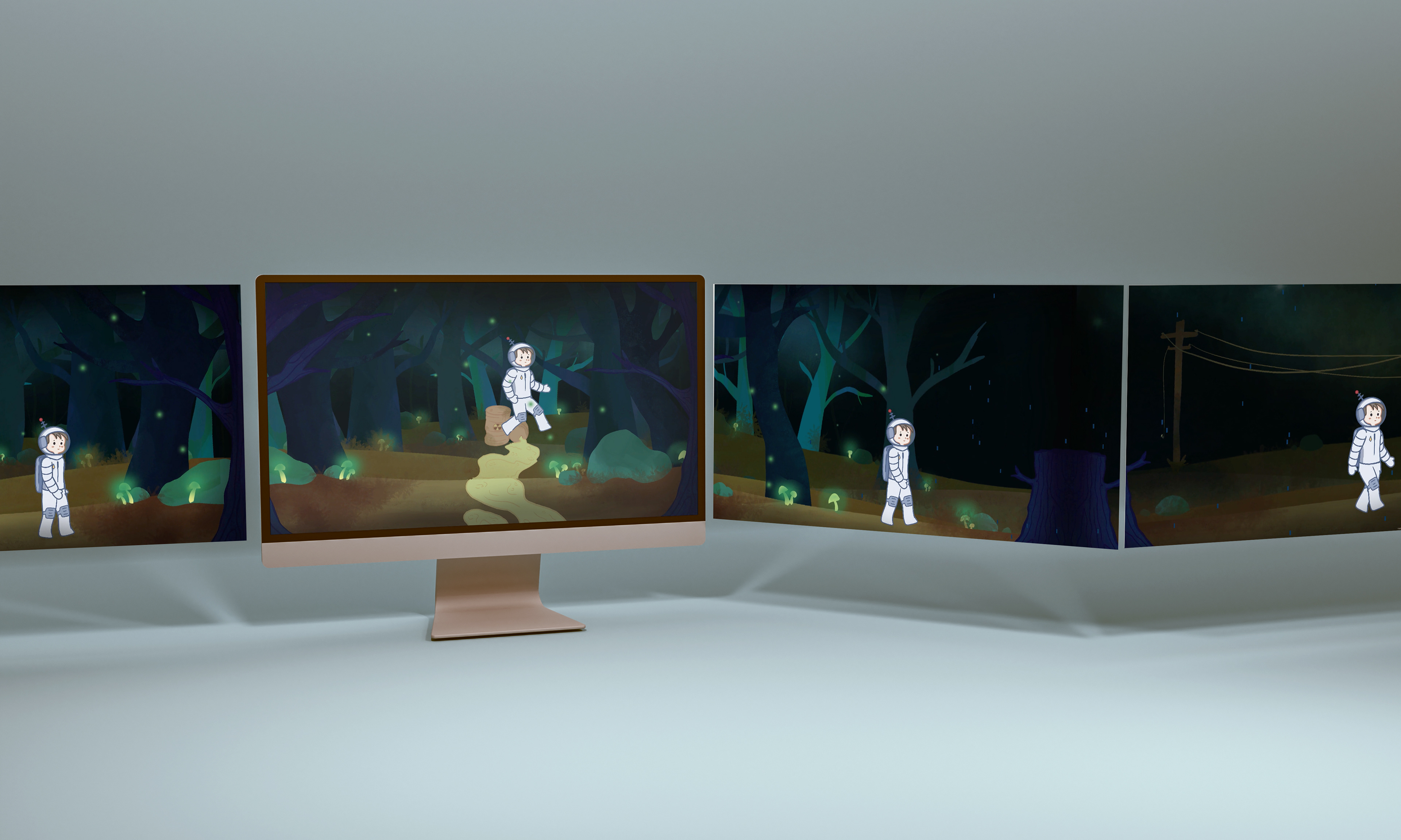 Multiple screen mockup showcasing video gameplay stills