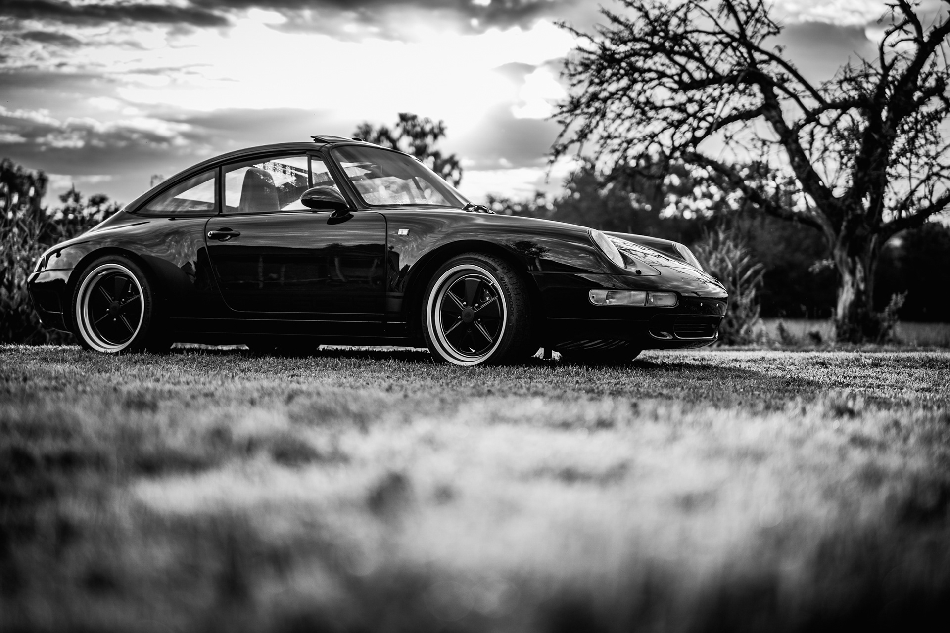 Klassischer schwarzer 1997 Porsche 993 Targa auf einer Wiese in Oggelshausen am Federsee während des Sonnenuntergangs. Hochwertige Automotive Art und professionelle Fahrzeugfotografie von MFuchsloch Fotografie & Videografie aus Oberschwaben.