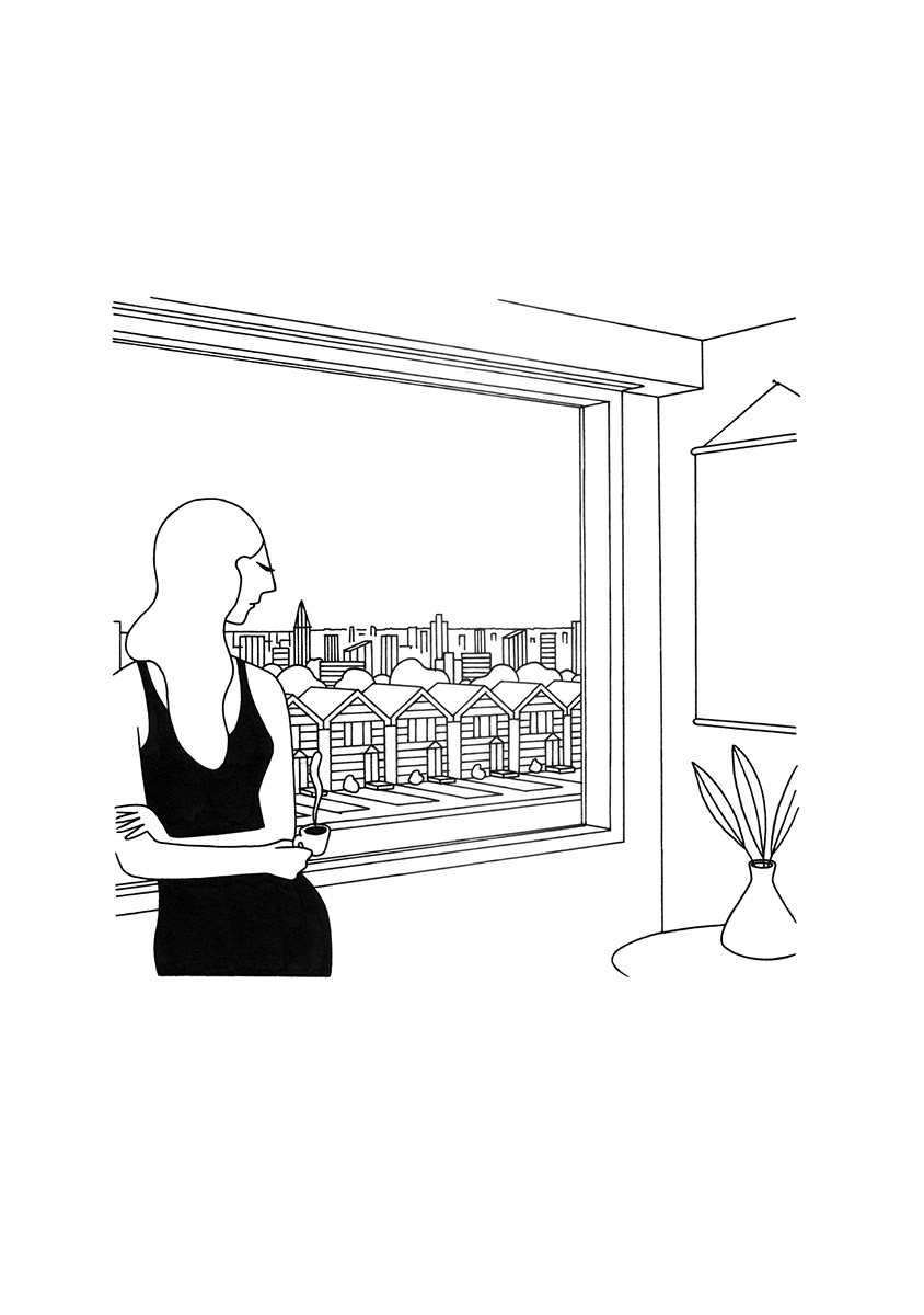 AT THE WINDOW, ink fineliner and brush pen on paper, 21 x 29,7 cm, 2019