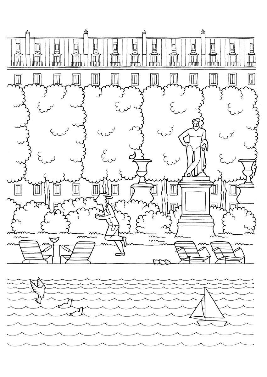 FOOTING AUX TUILERIES, ink fineliners on paper, 21 x 29,7 cm, 2015
