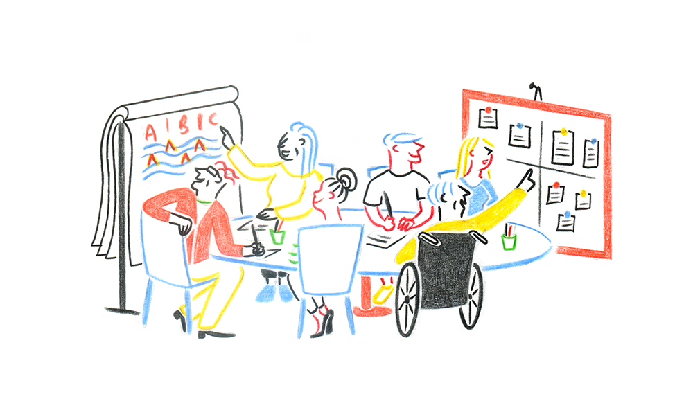 WORK MEETING, pencils and fineliners on paper, 21 x 15 cm, 2020