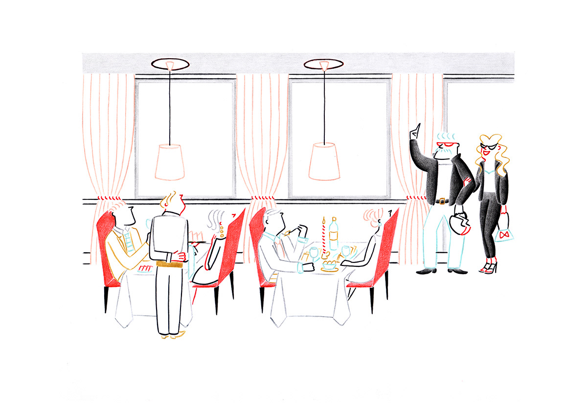 SATURDAY NIGHT DINNER, pencils and fineliners on paper, 29,7 x 21 cm, 2014