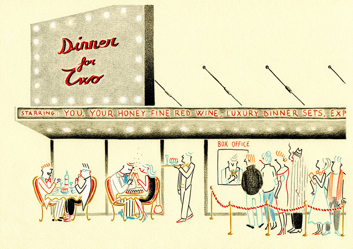 TICKET TO DINE (YELLOW), pencils and fineliners on paper, 29,7 x 21 cm, 2014