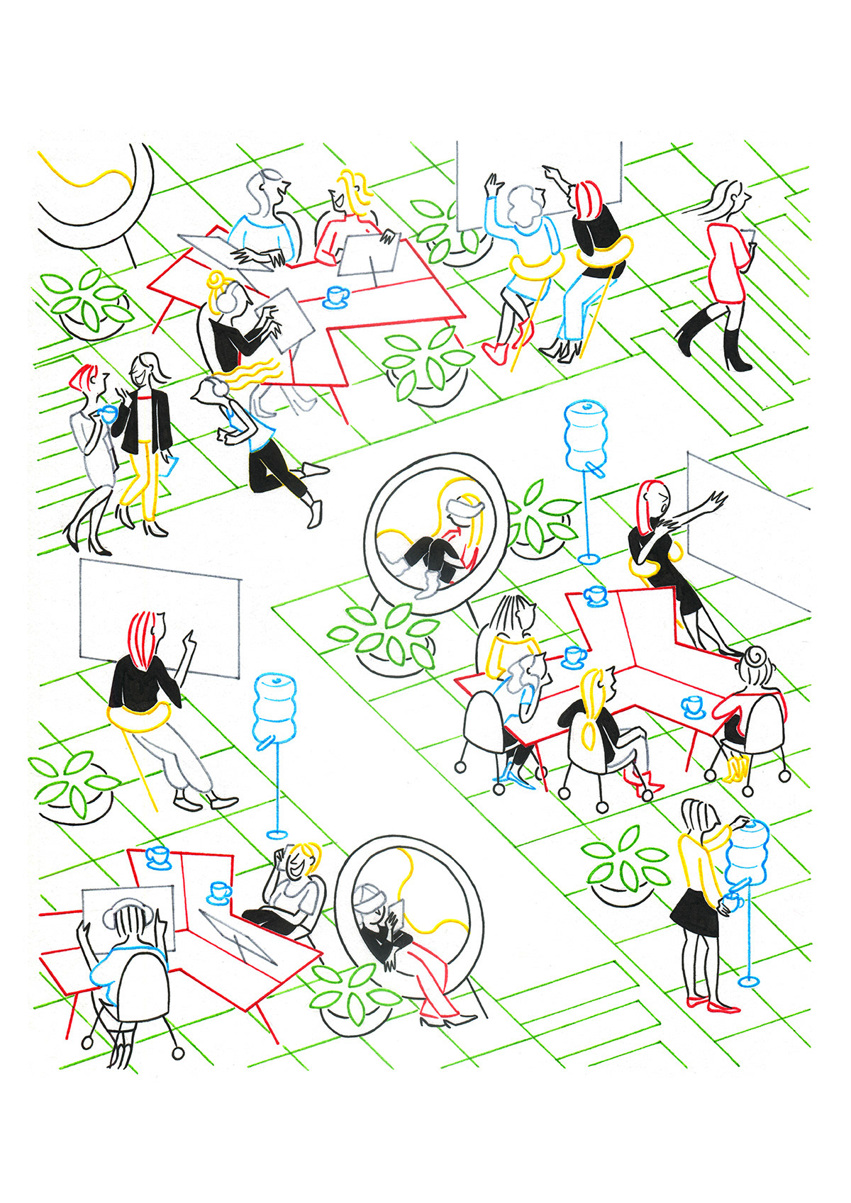 WOMEN AT WORK, fineliners and markers on paper, 29,7 x 21 cm, 2016