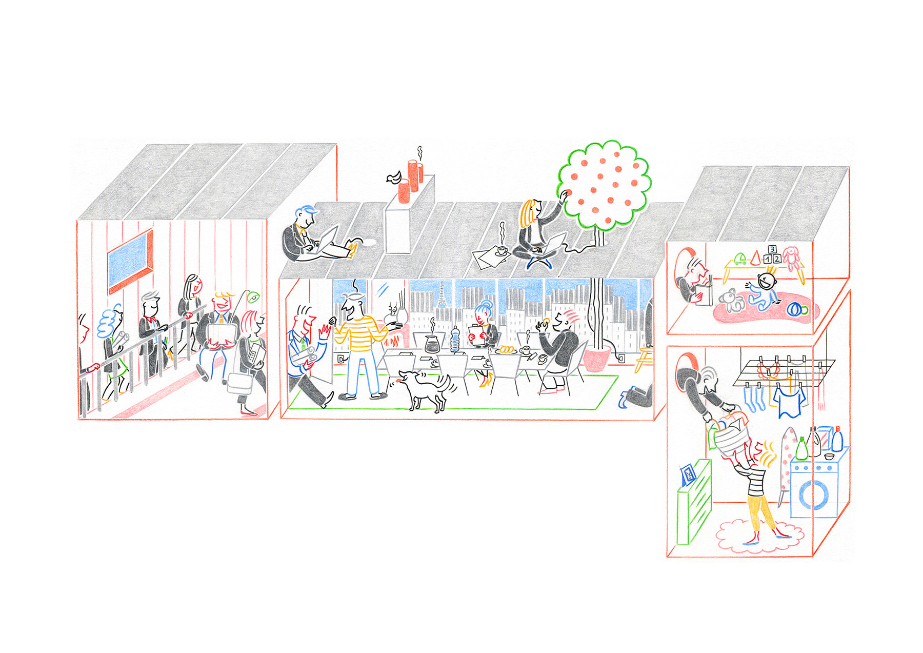 CO-WORKING, pencils and fineliners on paper, 42 x 29,7 cm, 2017