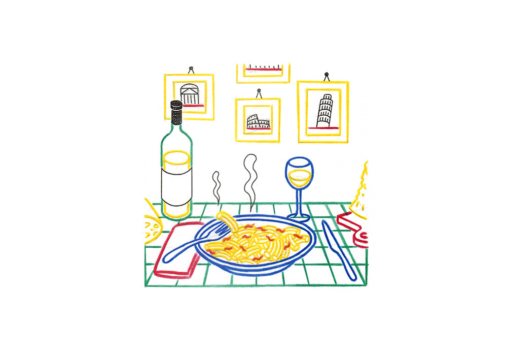 PASTA E VINO, pencils and ink fineliner on paper, 21 x 15 cm, 2017