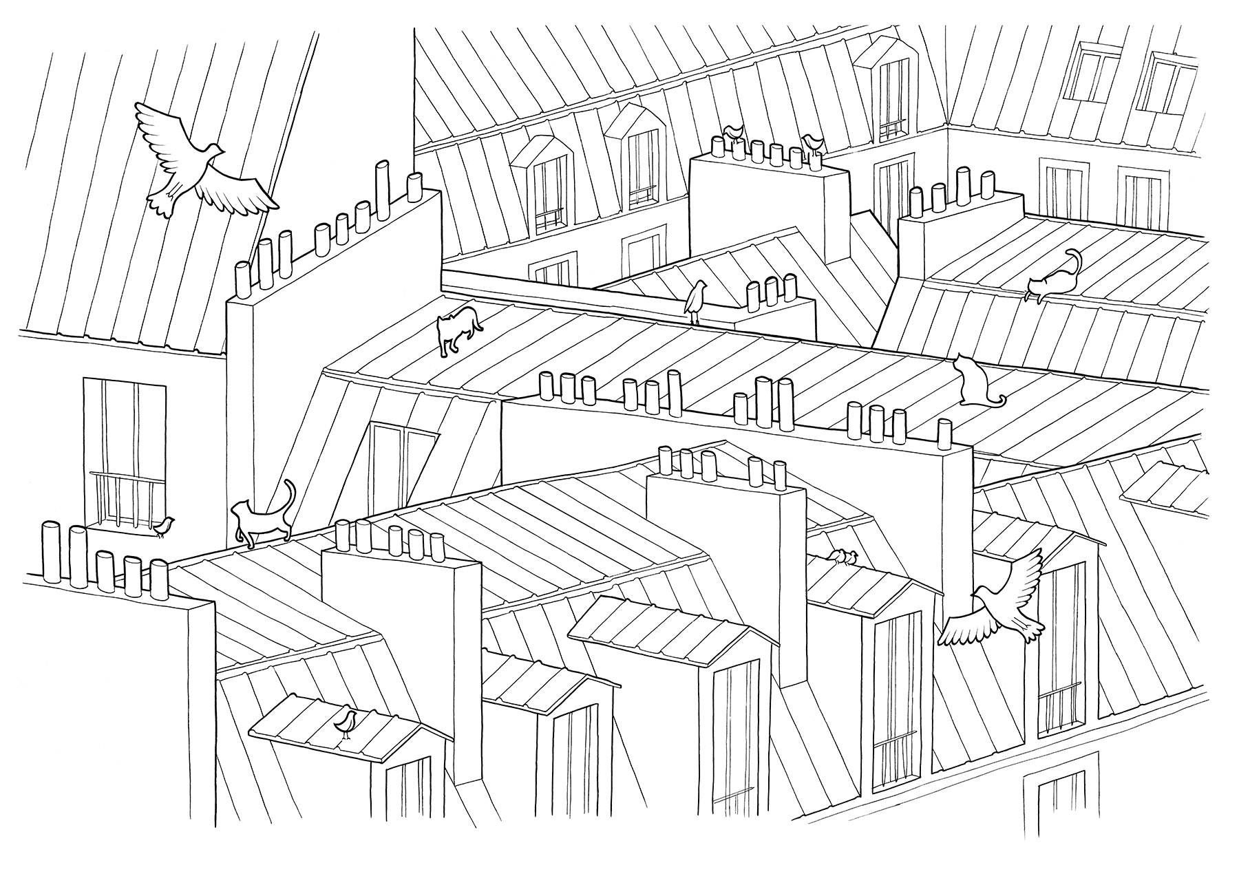 LES TOITS DE PARIS, ink fineliners on paper, 42 x 29,7 cm, 2015