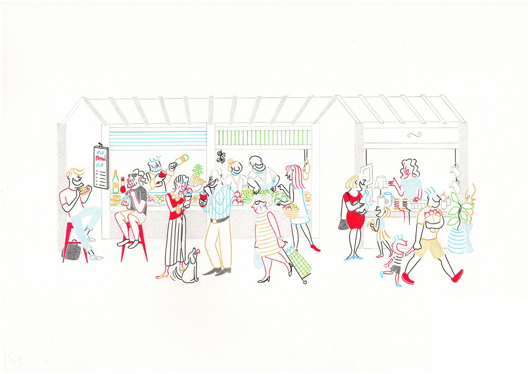 THE MARKET, pencils and fineliners on paper, 42 x 29,7 cm, 2016