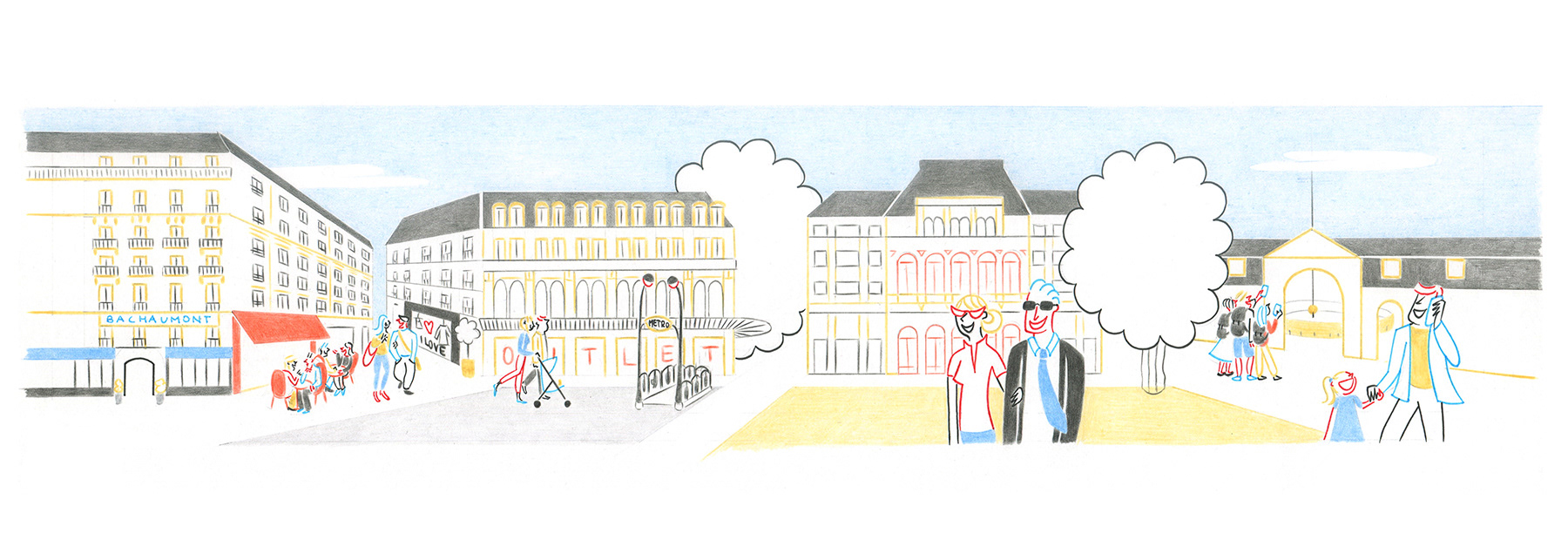 RUE MONTORGUEIL, pencils and fineliners on paper, 42 x 15 cm, 2015