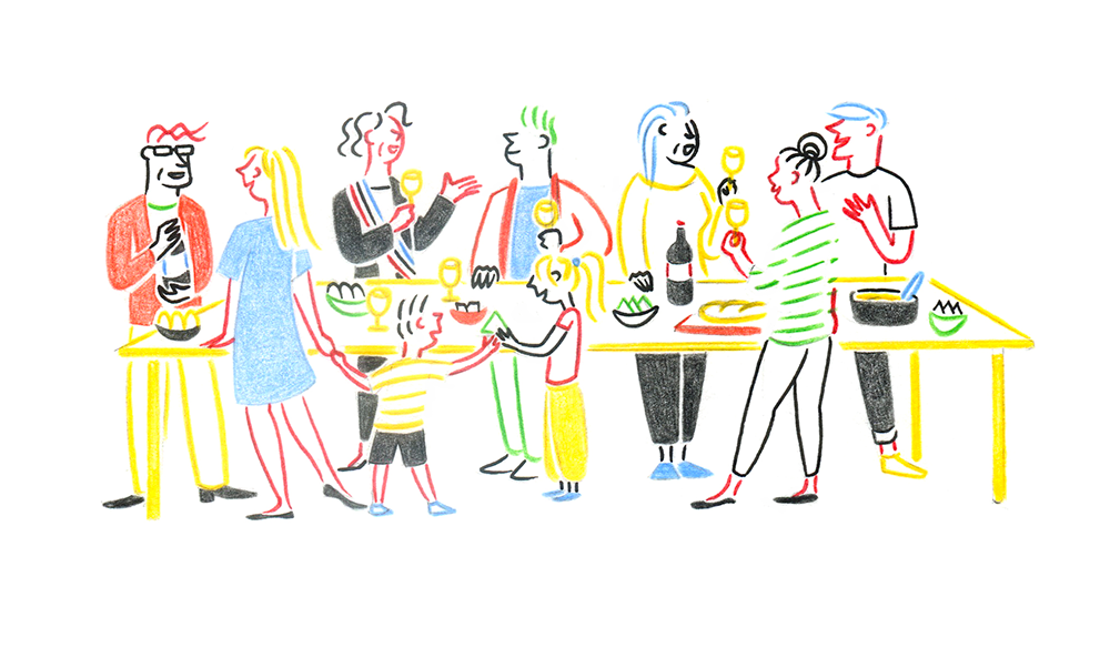 NEIGHBORHOOD DINNER, pencils and fineliners on paper, 21 x 15 cm, 2020