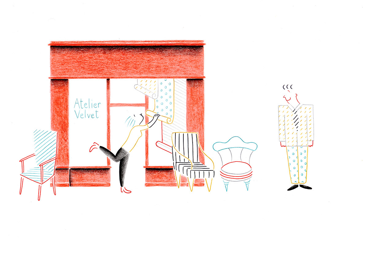 ATELIER VELVET, pencils and fineliners on paper, 29,7 x 21 cm, 2014