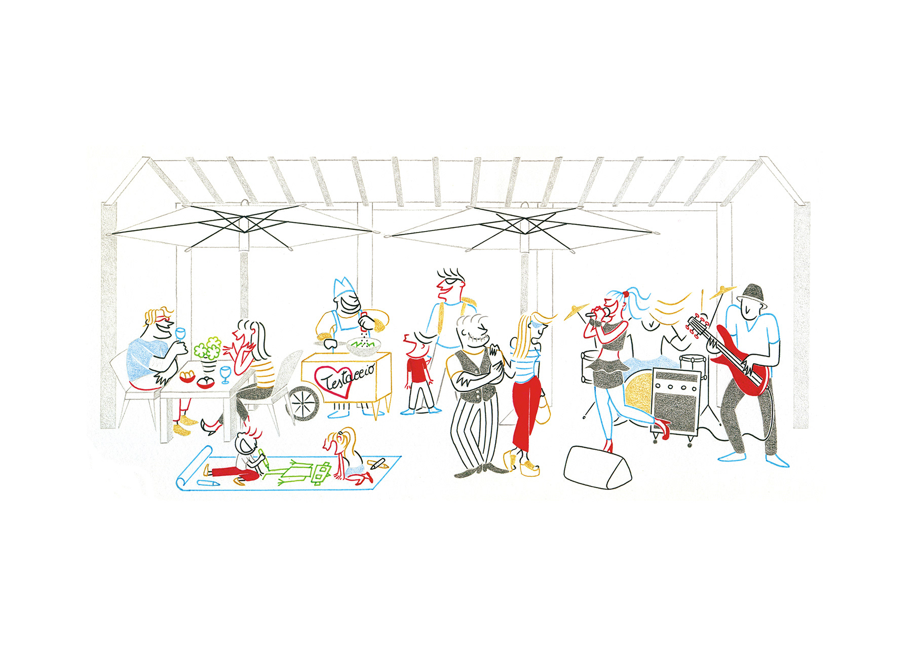 LIVE MUSIC AT THE MARKET, pencils and fineliners on paper, 42 x 29,7 cm, 2016