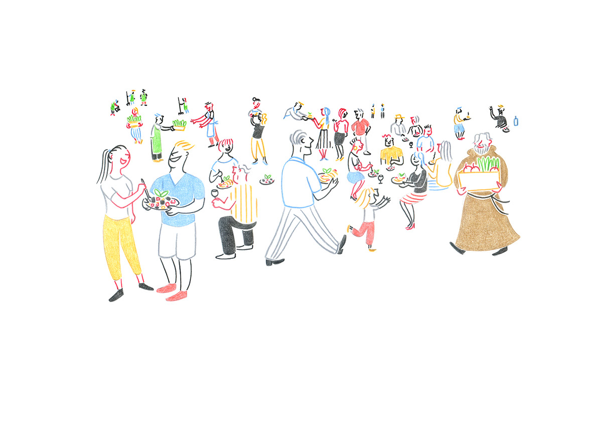 COMMUNITY KITCHEN CROWD, pencils and fineliners on paper, 29,7 x 21 cm, 2019
