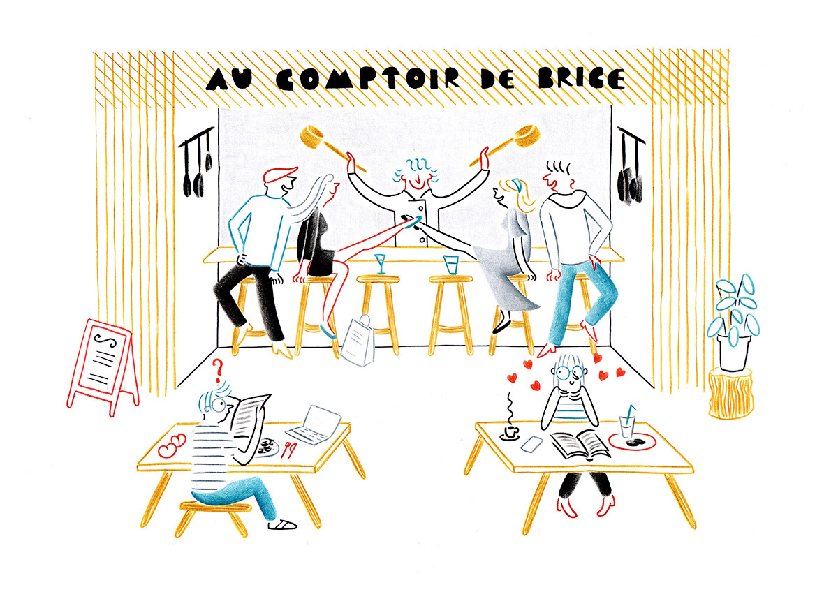 AU COMPTOIR DE BRICE, pencils and fineliners on paper, 29,7 x 21 cm, 2014