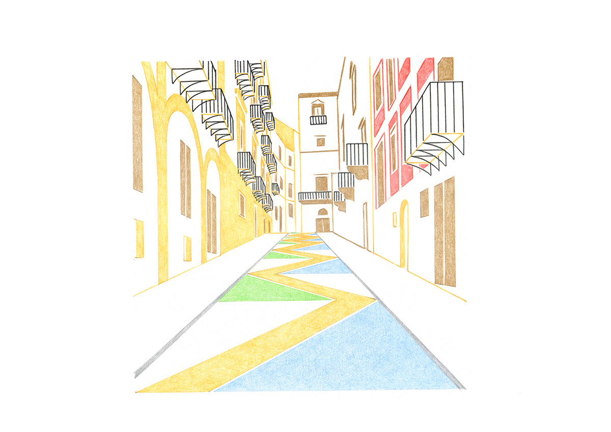 NEIGHBORHOOD STREET ARCHITECTURE, pencils and fineliners on paper, 29,7 x 21 cm, 2019