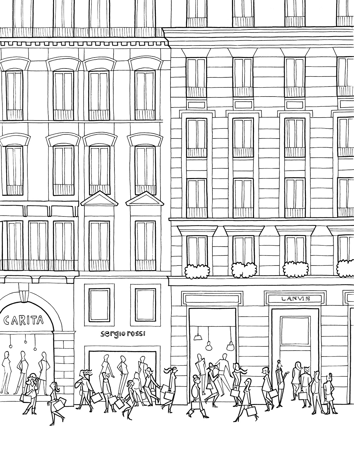 LA RUE SAINT-HONORÉ, ink fineliners on paper, 21 x 29,7 cm, 2015
