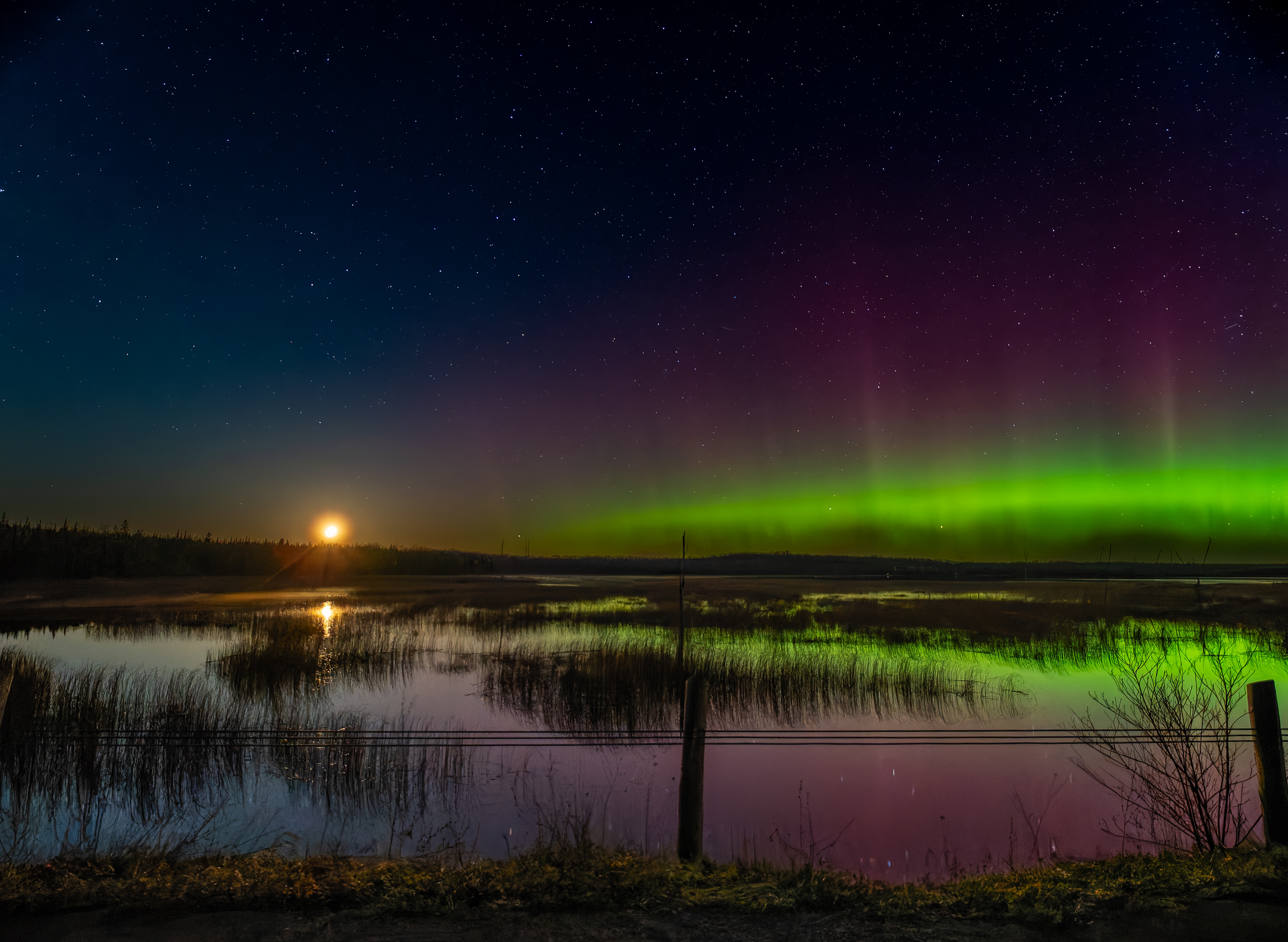 Northern Lights at moonset