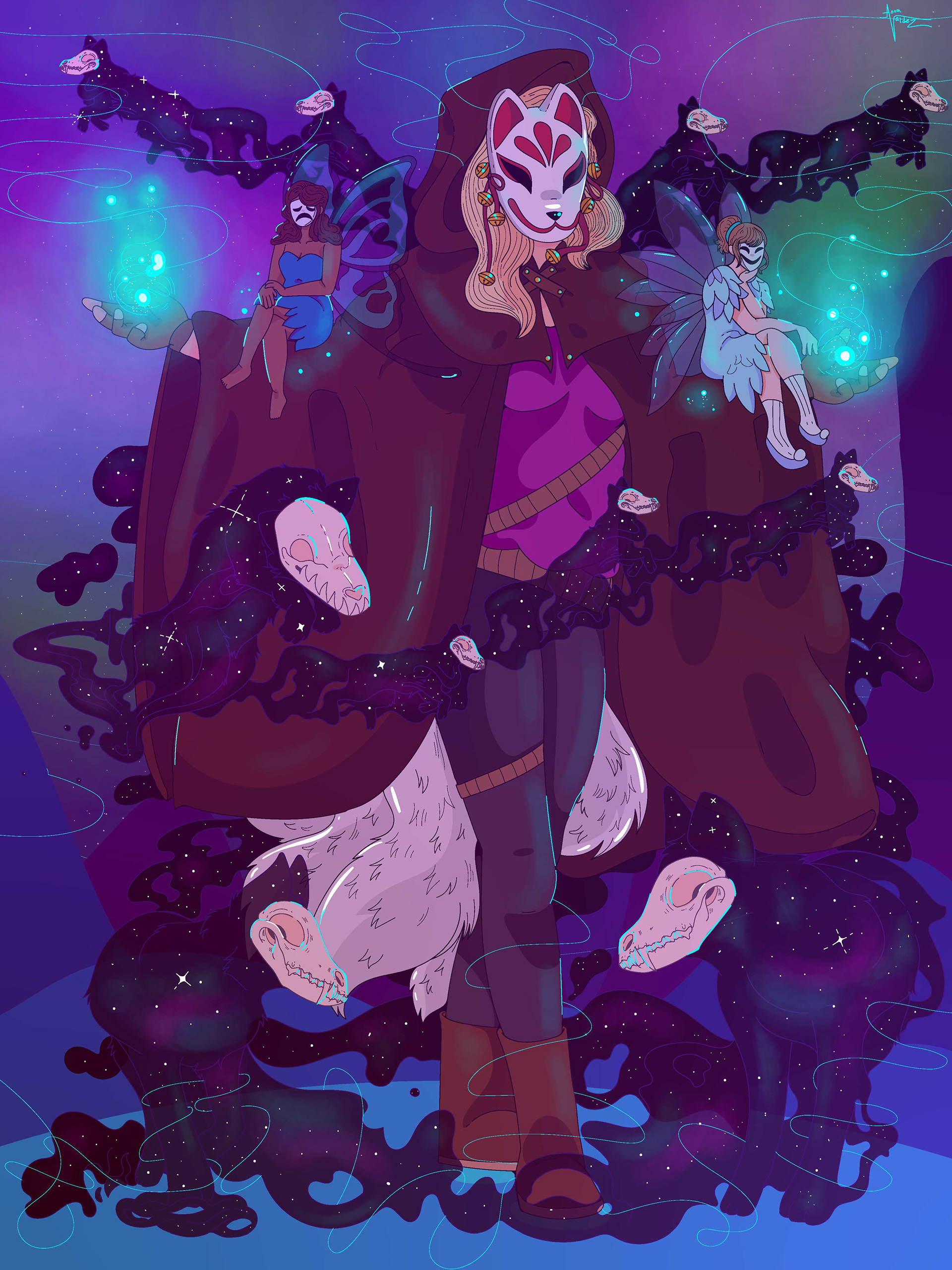 A fox spirit surrounded by fox spirits.