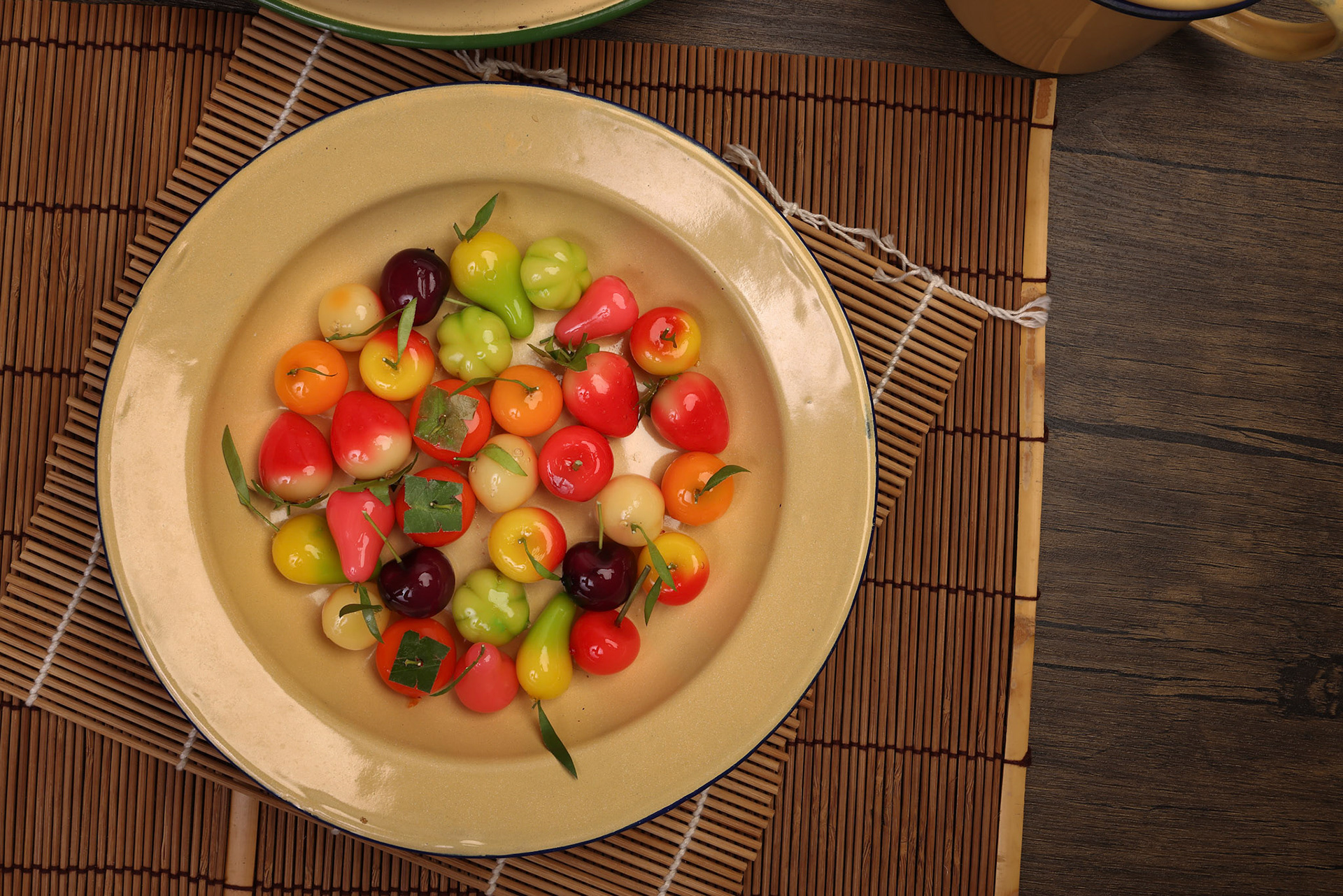 Colourful fruit and vegetable shaped beautiful Thai sweet mung bean coconut milk desert luk chap candy variety  shape  colour desert