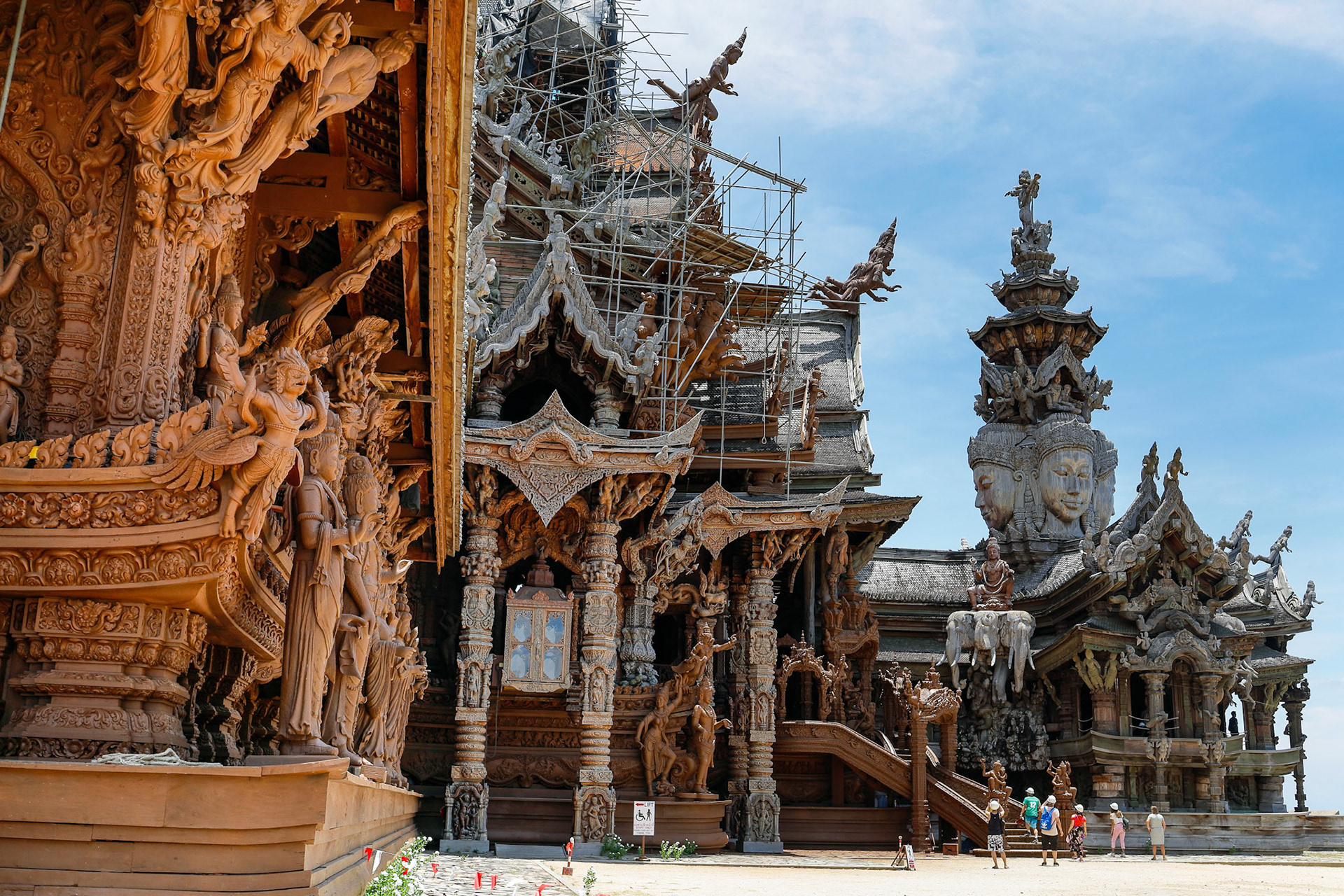 PATTAYA, THAILAND- April 30, 2019: Sanctuary of Truth or Prasat Sajja Tham is religious sanctuary under construction, its all-wood building filled with traditional sculptures.