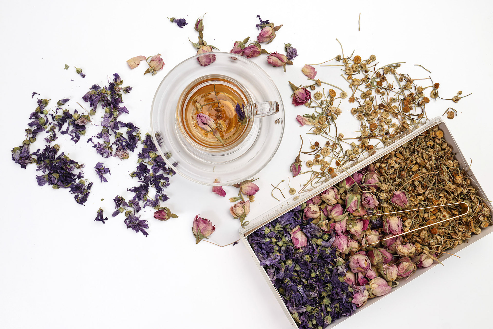 Dry flower tea rose bud butterfly pea chamomile flower transparent ceramic glass tea cup on white background