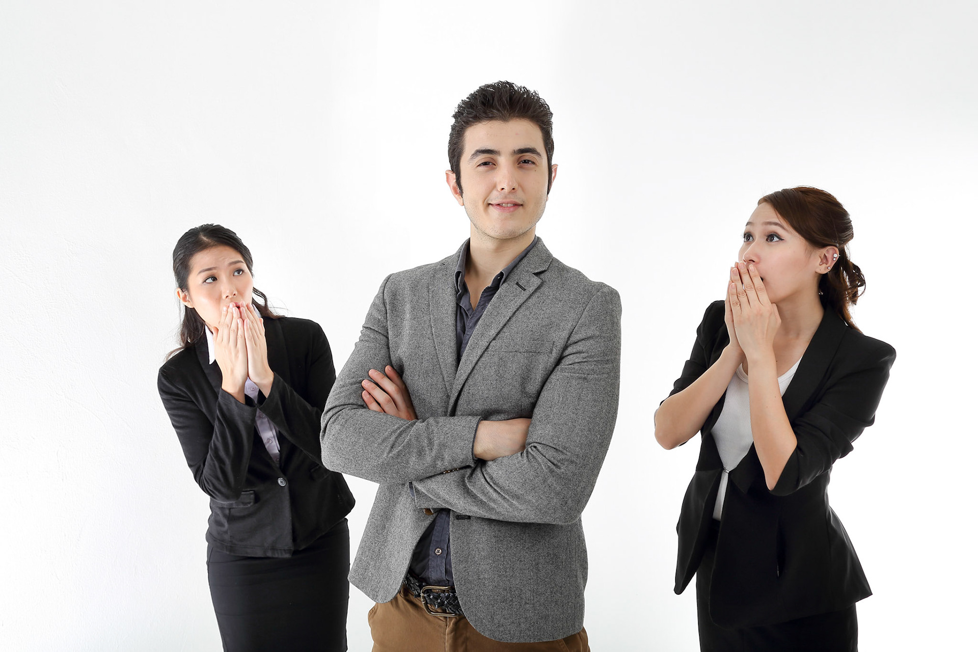 Southeast Asian middle eastern Caucasian young office business man woman wearing suit look handsome admire expression on white studio background