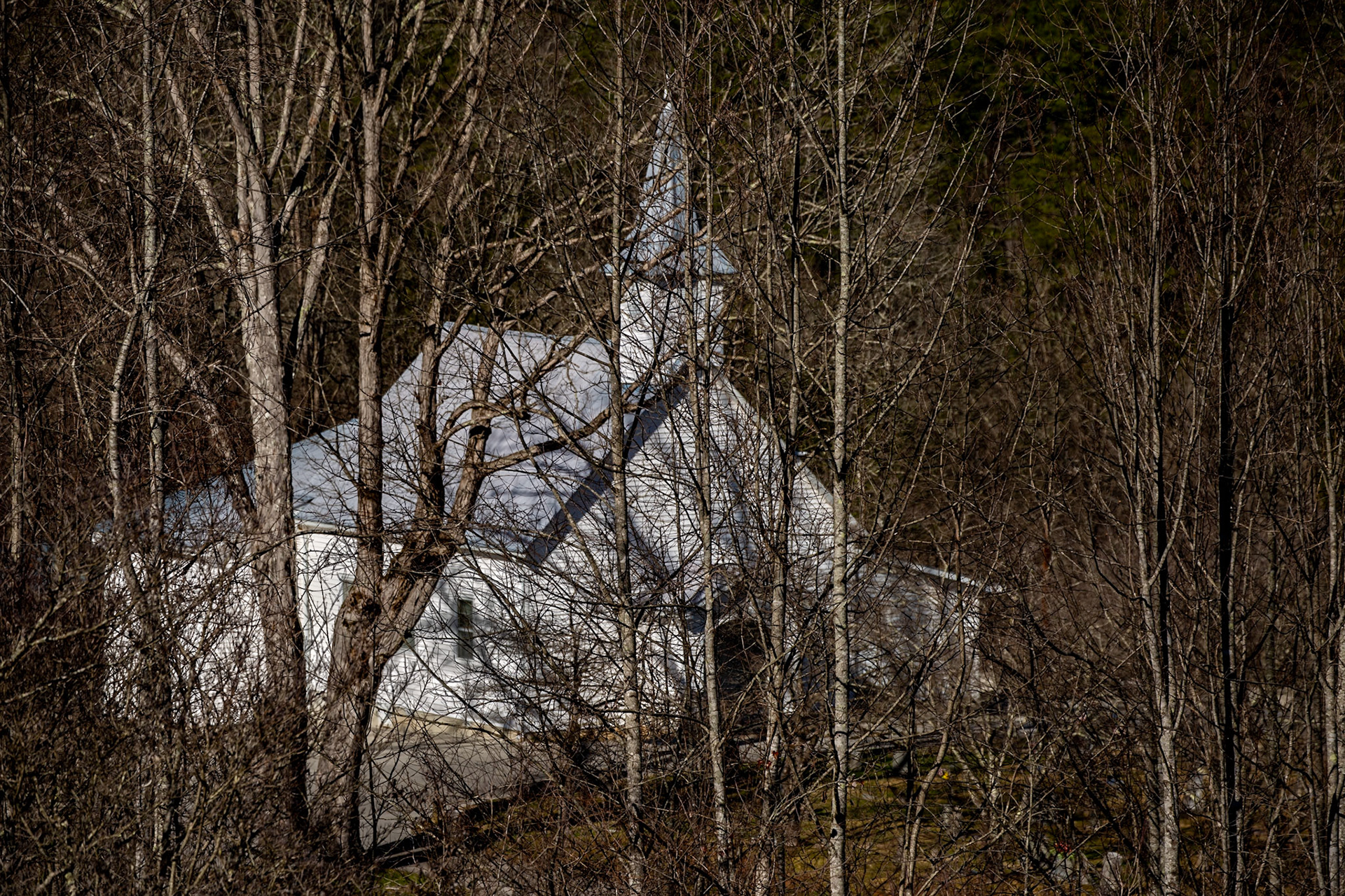 When I am in the area of Citico Missionary Baptist Church, I feel compelled to drive onto the hill in its cemetery.  This time the view was particularly interesting, as always.  I call these shots, through trees in winter, “ghost churches.”  The first one I remember was at Cataloochee, in the Smokey Mountains National Park.  When I see them, I get the sense that the church is always there, even if it sometimes seems obscured from us.  The feeling moves me.