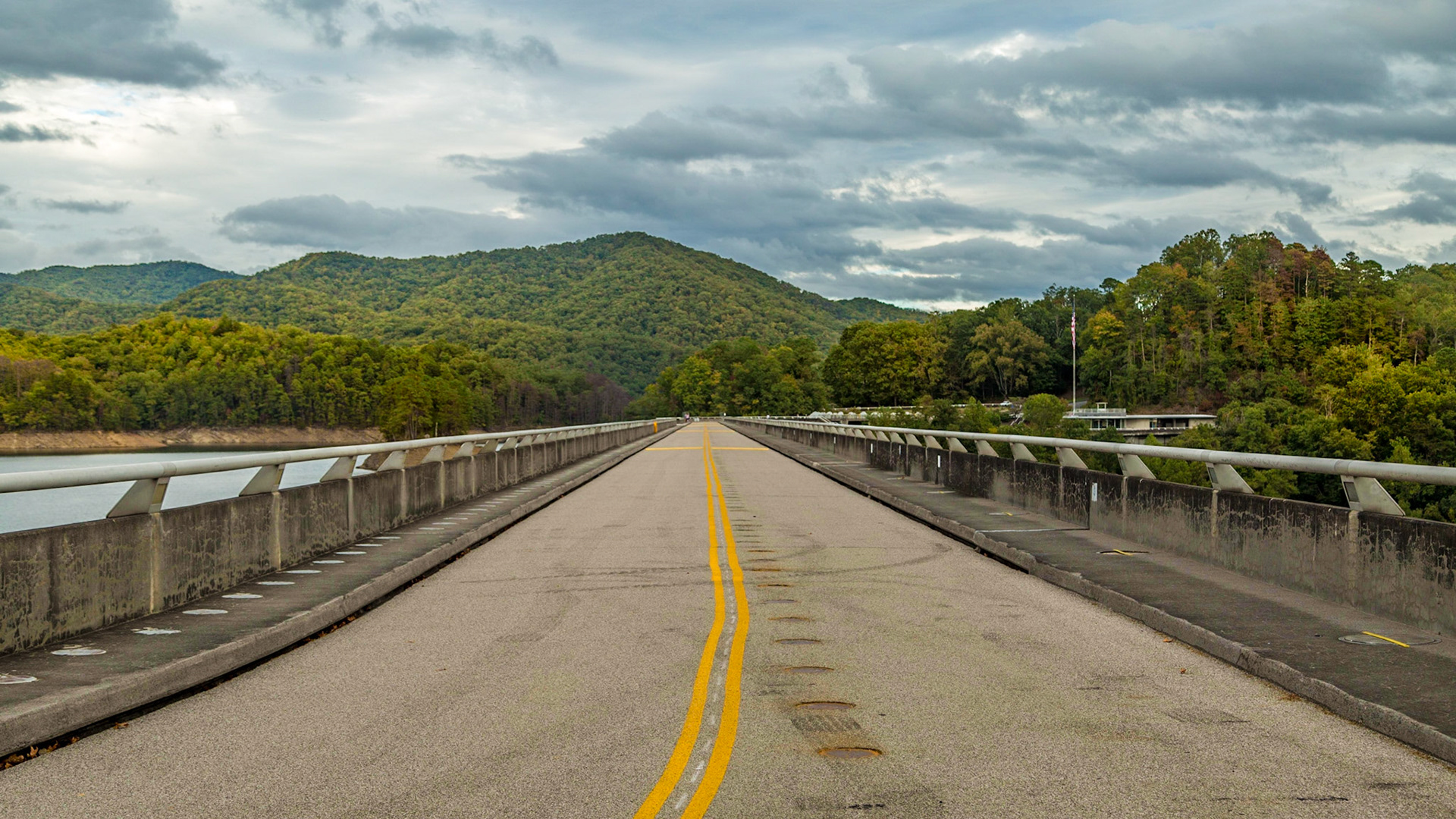 Fontana Dam Centerline - October 6, 2017 Christie was out of town for her forty-fifth high school class reunion.  I went on a drive for photography, just as fall color started to show.  It was a good day for this kind of trip, with good landscapes and a few vintage cars at First Baptist Church in Farragut, followed by the Cherohala Skyway and Fontana Dam.