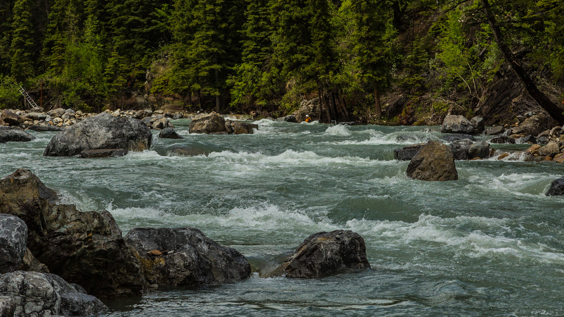 On Sunday, we made it to Canmore, AB, where we were to stay two nights at a Holiday Inn. Before the trip, I had thought a drive into Calgary may be interesting - to get a sense for the city. Mark didn’t show interest in the city and I didn’t press the idea. Monday morning, we decided to drive back through the grand views along Highway 40. There was no specific plan for the entire day, which leaves opportunity for discovery. Our first stop was a little park on the Kananaskie River. It seemed to sometimes have kayak competitions. On this day, there were a couple of guys practicing their skills. A woman on the shore thought they would be thrilled with the attention we were giving them. Most of my time there was spent making video clips.