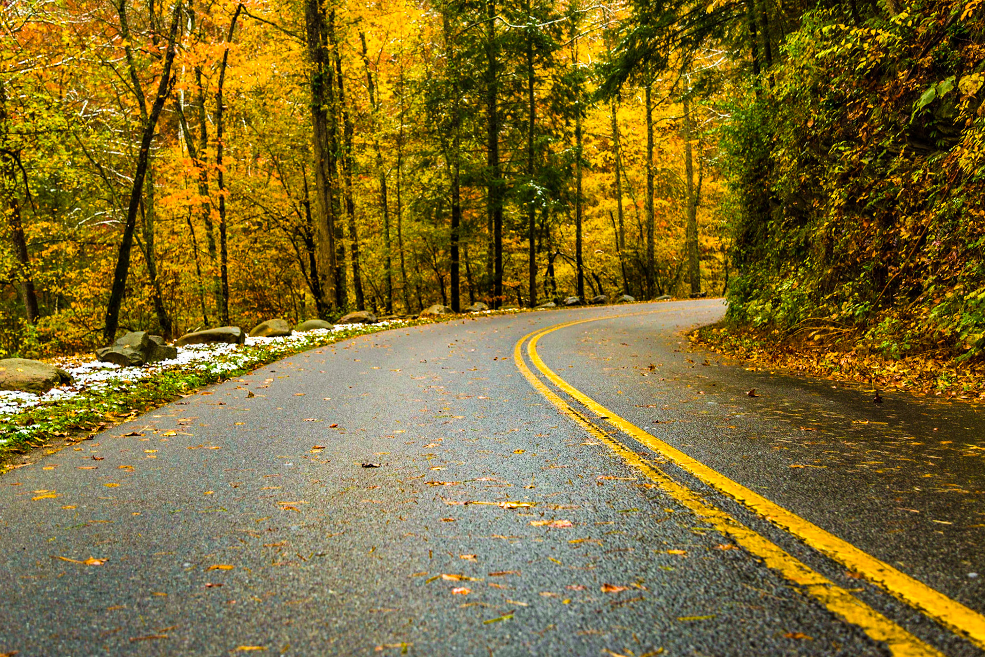 Cades Cove Road - It was the day after Halloween, with considerable snow above 2,500 feet elevation.  Mt. LeConte had 22 inches.  All the Smoky Mountains National Park roads were closed.  We went to Townsend anyway.  The fall color was great.  At Cades Cove Road, it was time to walk for a bit.  Before leaving the area, we took a side trip to Wears Valley Methodist.