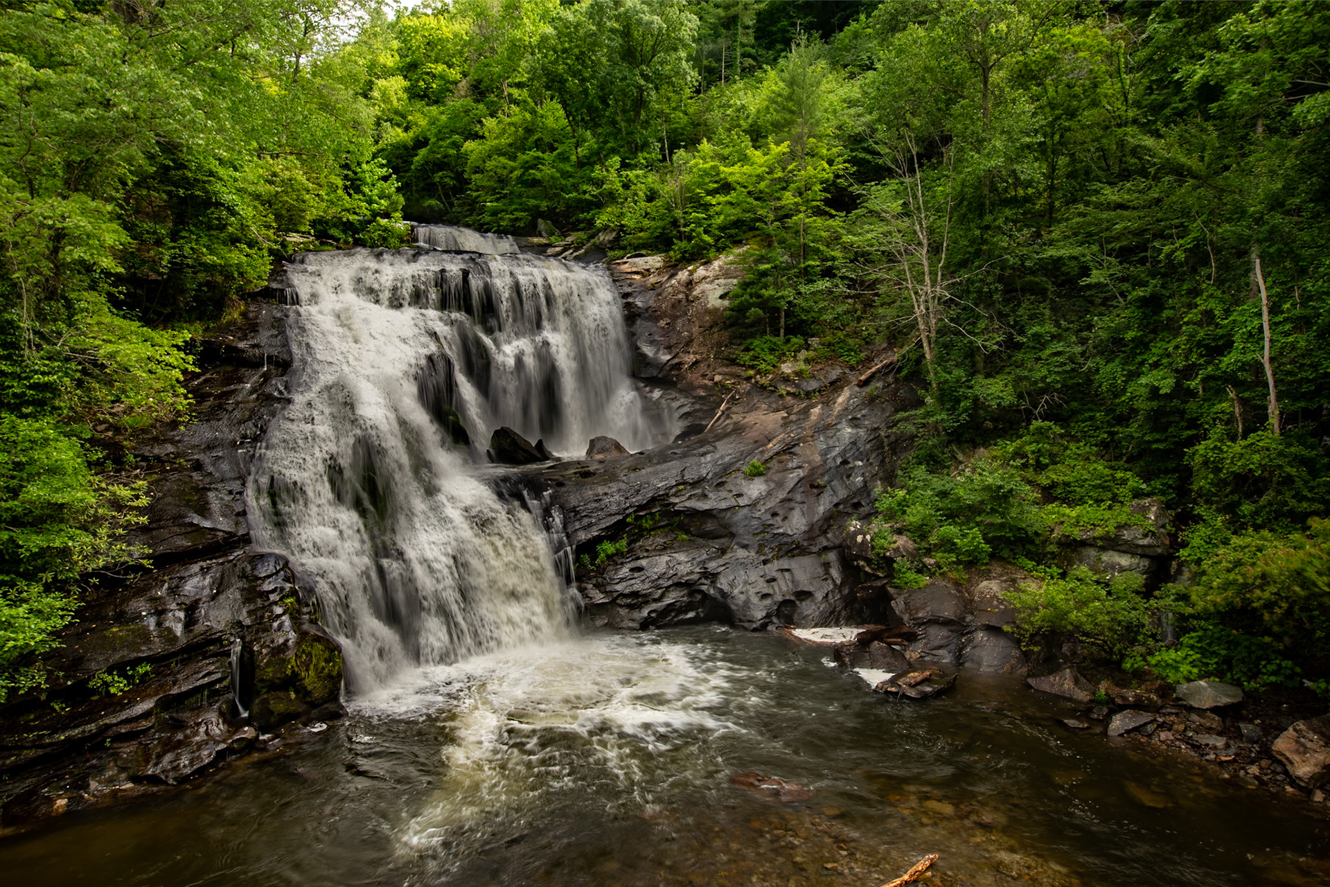 Bald River Falls from the New bridge and viewing area, with plenty of water, June 10, 2025