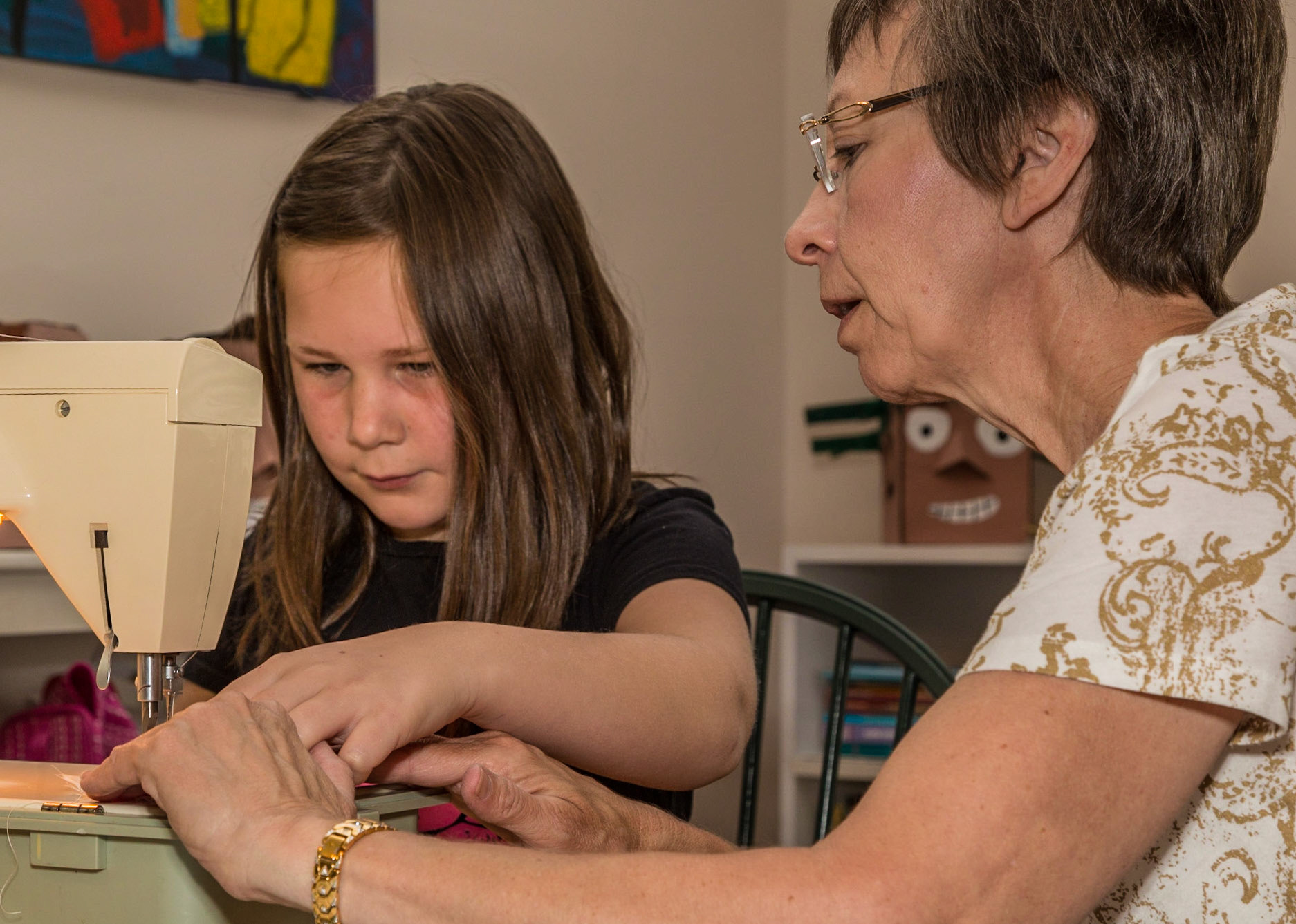 From the beginning of this visit, Raven looked forward to sewing with Grammy. They bought material on the way here. After some hand sewing, Grammy decided it was time to work with the faster sewing machine.