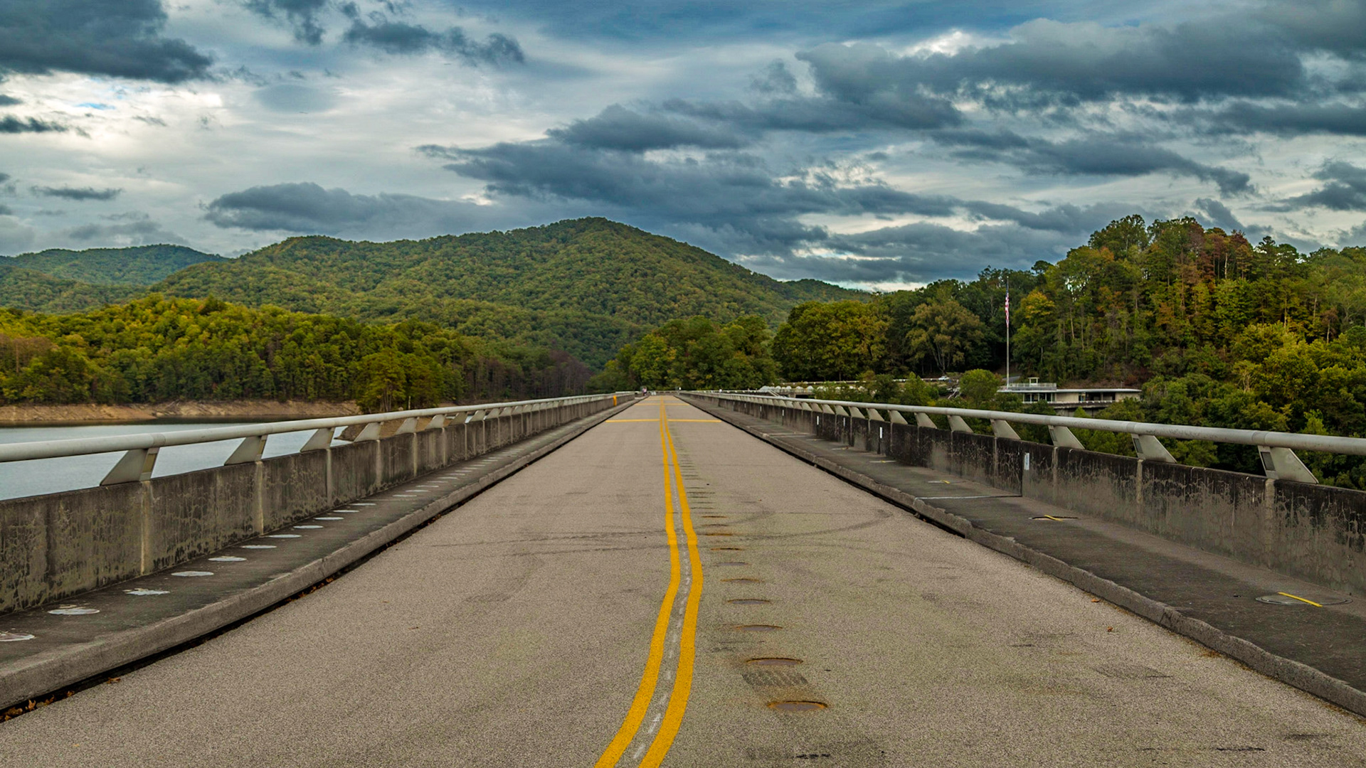 Fontana Dam Centerline - October 6, 2017 Christie was out of town for her forty-fifth high school class reunion.  I went on a drive for photography, just as fall color started to show.  It was a good day for this kind of trip, with good landscapes and a few vintage cars at First Baptist Church in Farragut, followed by the Cherohala Skyway and Fontana Dam.
