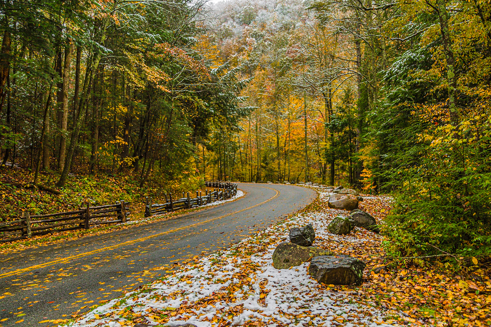 Cades Cove Road - It was the day after Halloween, with considerable snow above 2,500 feet elevation.  Mt. LeConte had 22 inches.  All the Smoky Mountains National Park roads were closed.  We went to Townsend anyway.  The fall color was great.  At Cades Cove Road, it was time to walk for a bit.  Before leaving the area, we took a side trip to Wears Valley Methodist.