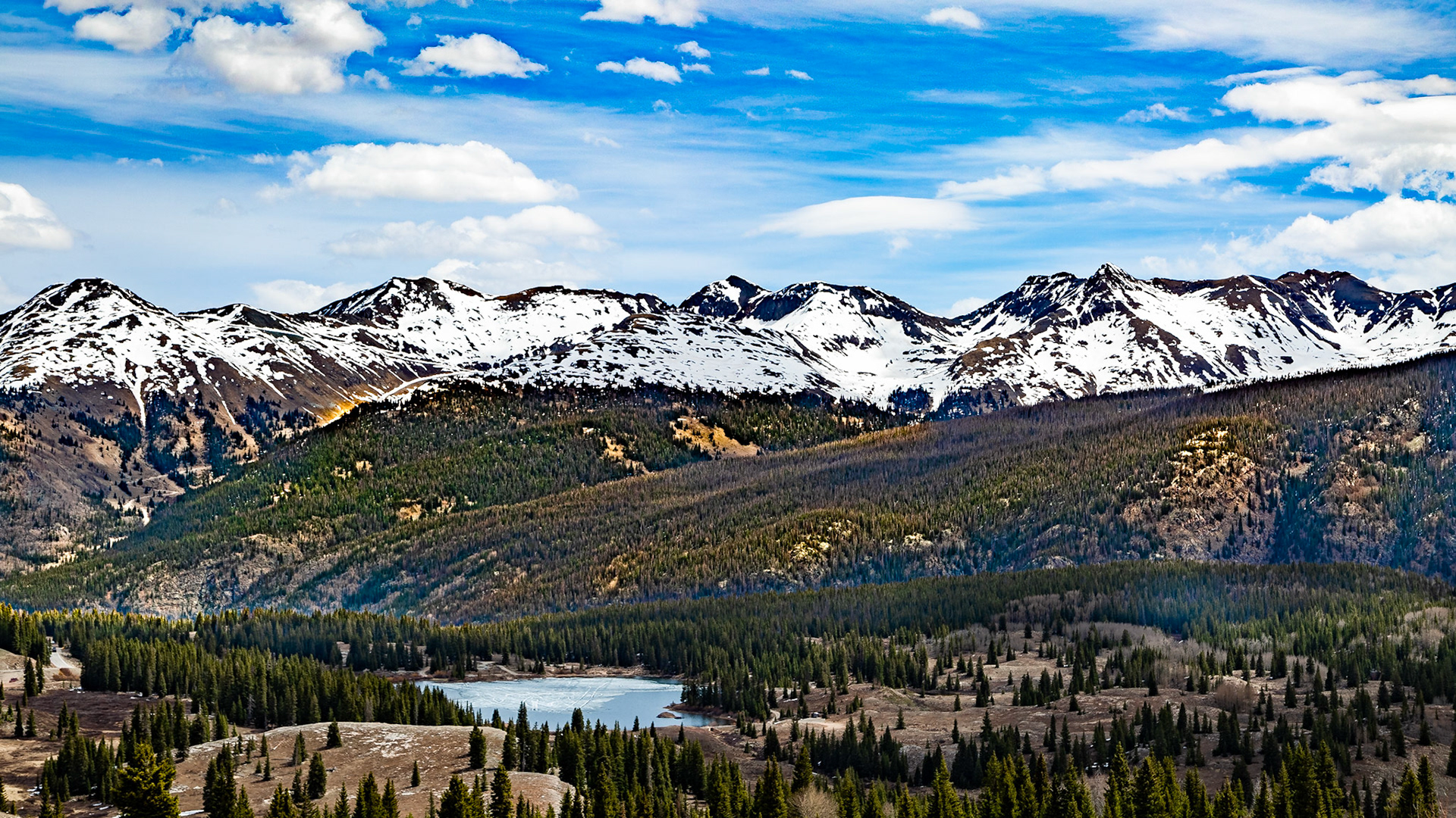 Molas Pass along San Juan Skyway, Altitude 10,238 ft. with Big Molas Lake Still Frozen
