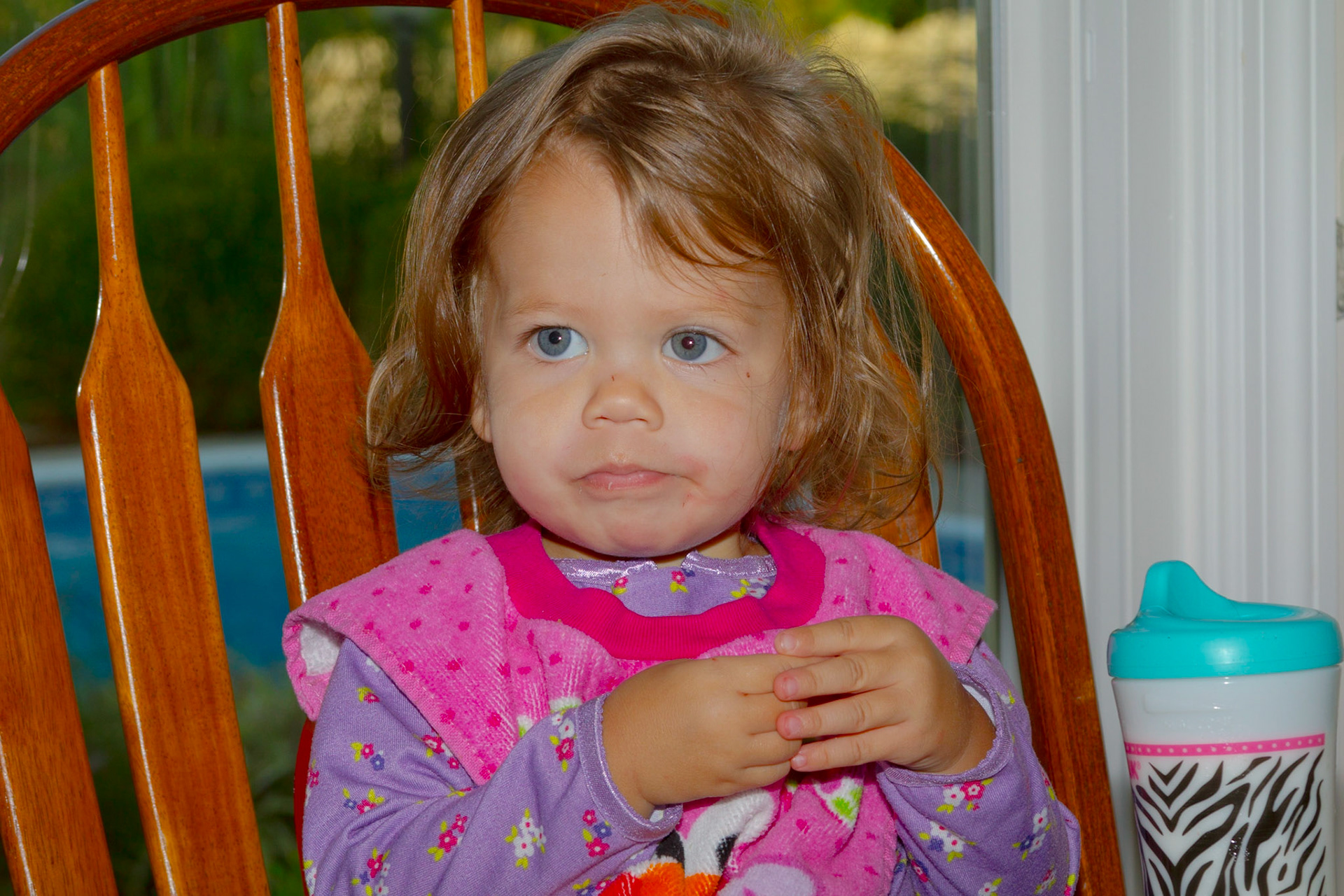 Josephine, Grace and Trever visited for a couple of days.  Oh, their mother came too. Dad was traveling for business.  At breakfast, Josephine was being cute.