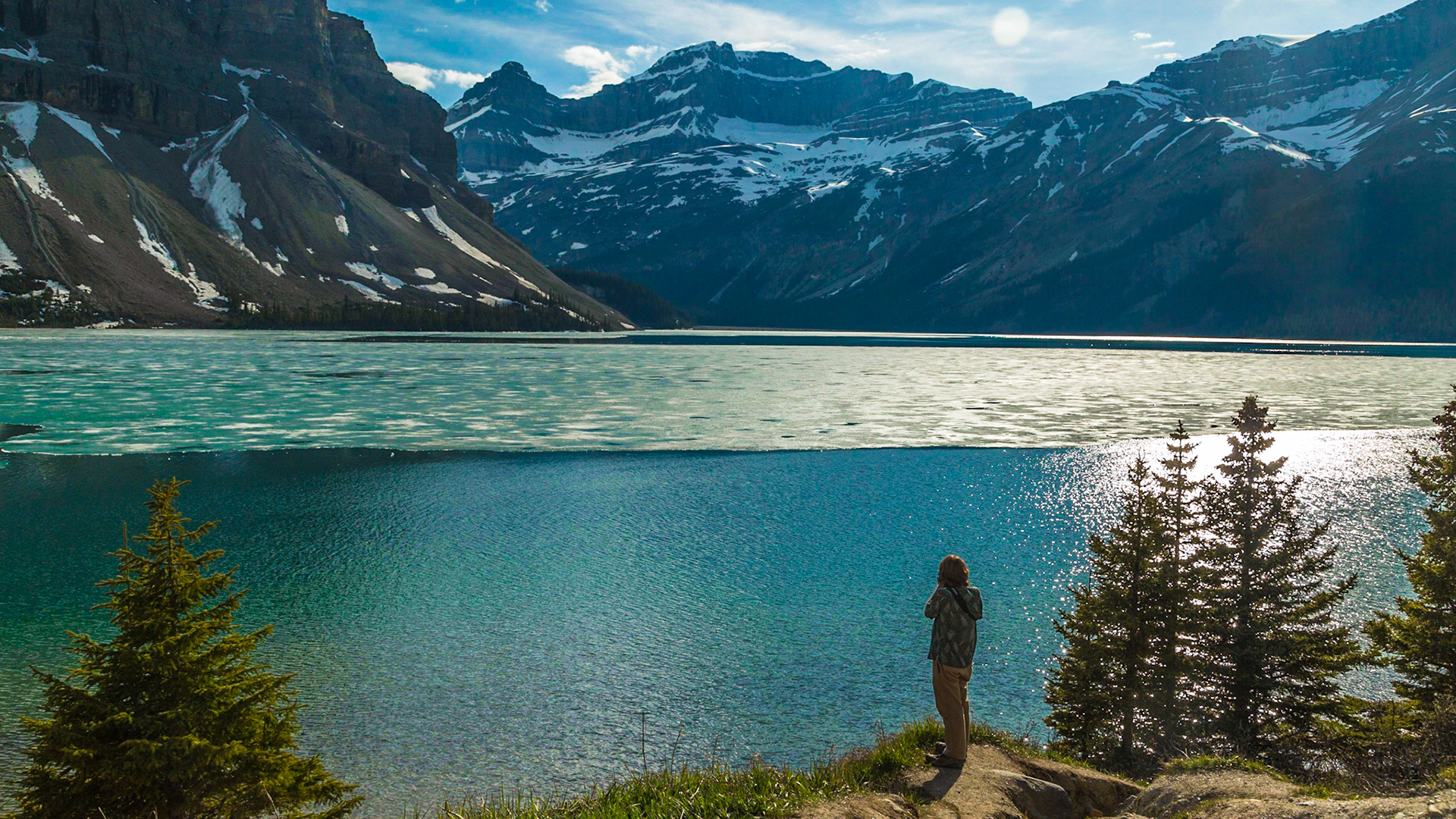 The Icefield Parkway hugs the shore of Bow Lake, along with Waterfowl Lake and several others in Banff National Park.  Bow Lake still had quite a lot of ice on June 18.  By this time, it was 7:10 PM and Radium Hot Springs was not much closer than it was from Waterfowl Lake.  After passing a couple of lakes since Waterfowl Lake, we didn’t feel we could pass this one.