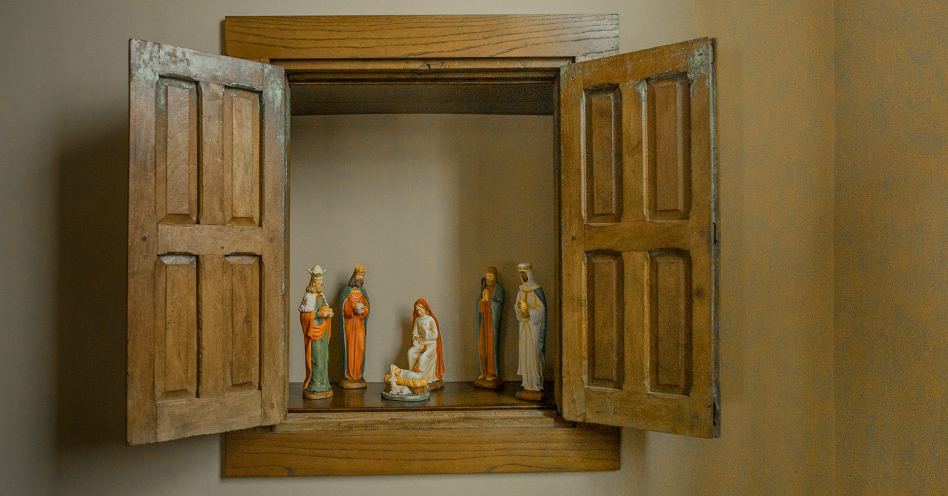 Christie has had the Manger Scene since long before I knew her.  Each Christmas, it has had a cherished place in our home at Christmas.  This year, it is in an antique window the previous owners of this house rescued from a building in Arizona, a fitting new presentation for the scene.