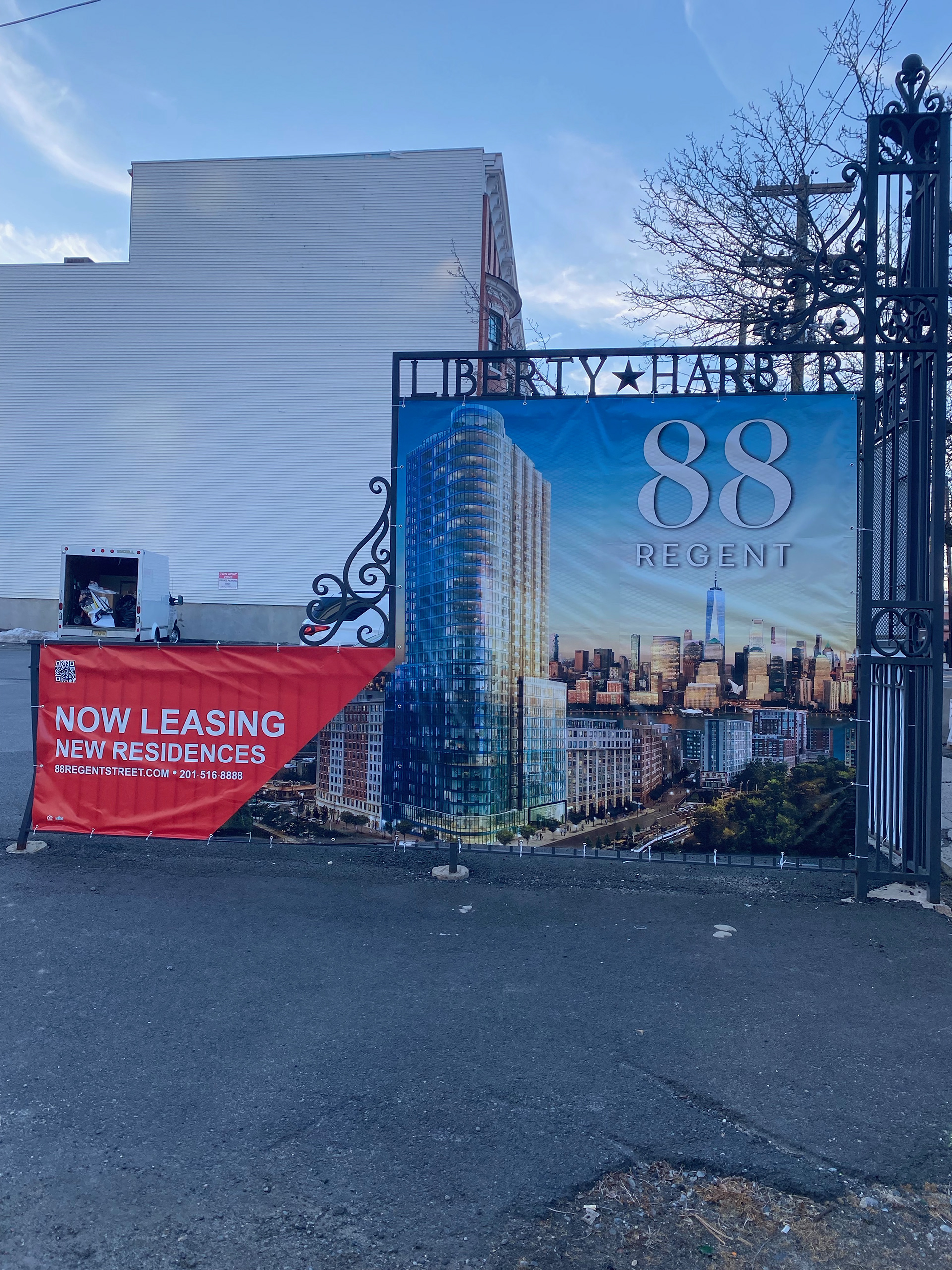 Designed, printed, grommeted and installed in-house promotional banner for 88 Regent Street of Liberty Harbor