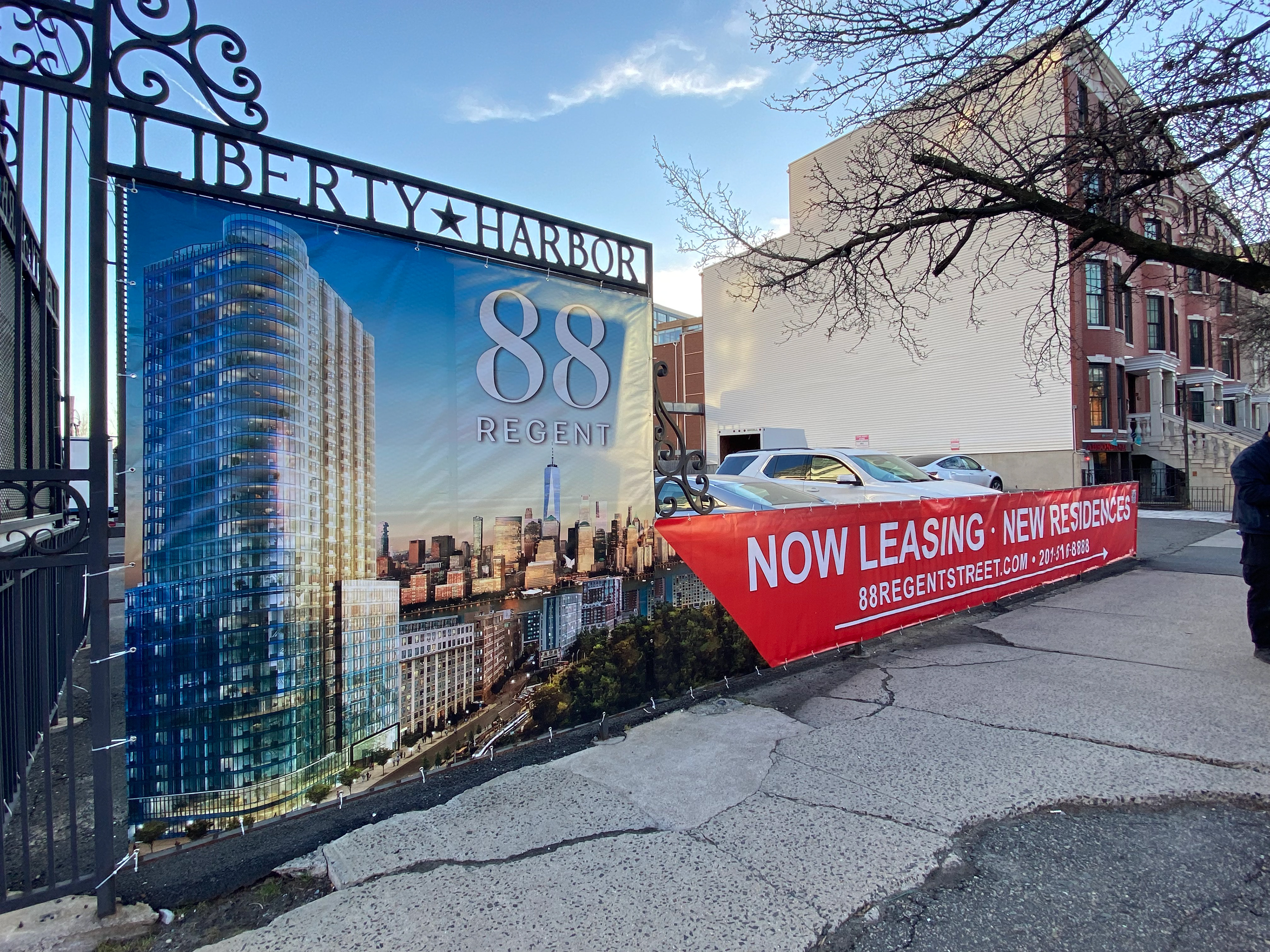 Designed, printed, grommeted and installed in-house promotional banner for 88 Regent Street of Liberty Harbor