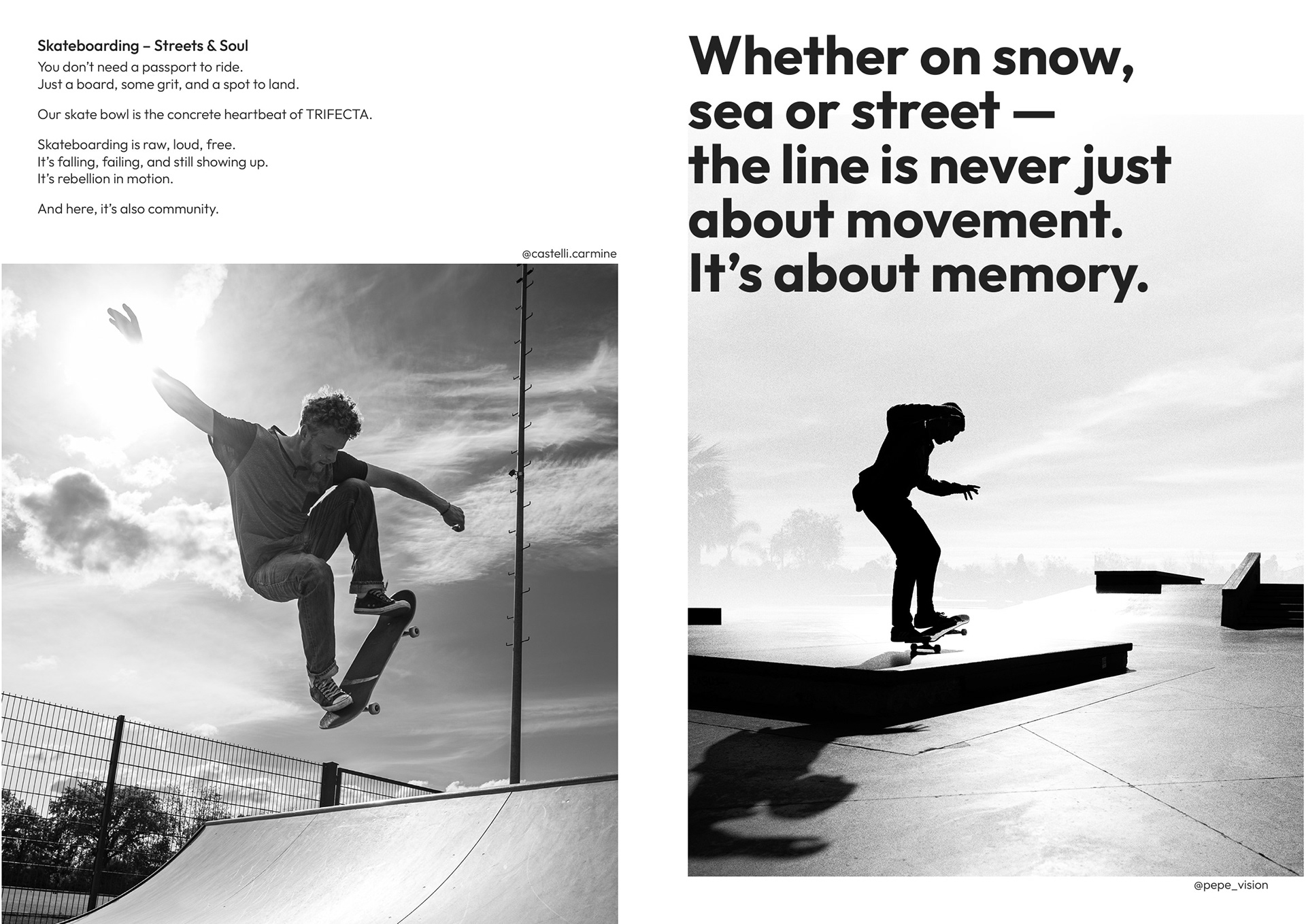     Book spread featuring black-and-white skateboarding photographs by Carmine Castelli, published for the Leica Singapore and TRIFECTA collaboration.